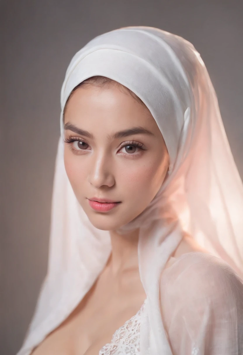 a photo portrait of a beautiful malay girl with hijab and few freckles, (plain pastel pink hijab), (medium shot portrait:1.3), dramatic light, Rembrandt lighting scheme, (hyperrealism:1.2), (8K UHD:1.2), (photorealistic:1.2), shot with Canon EOS 5D Mark IV, detailed face, detailed skin texture,(8k, RAW photo, best quality, masterpiece: 1.2), (realistic, photorealistic: 1.37), 1 girl,female, professional lighting, photon mapping, ripped, big, pure white and very small knitted with protruding tips, areola protruding, pubic shape clearly visible, gal, lots of lashes , Lame on the eyelids, pitch black lip, pitch black heels, pubic hair, lower abdomen bristles, slender, crotch open, are large and likely to spill out of the bra, pubic hair is very large, pubic hair is very protruding,