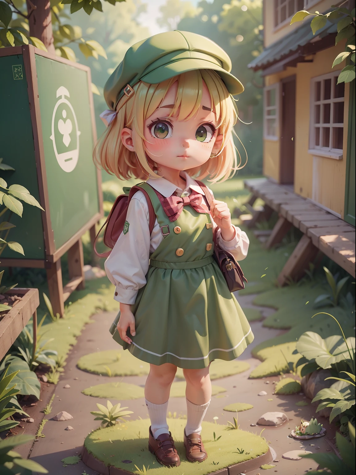 chibi girl, green uniform, randoseru, isometric, cute style, pastel colour, painter's hat, suprised face, full body, go to school
