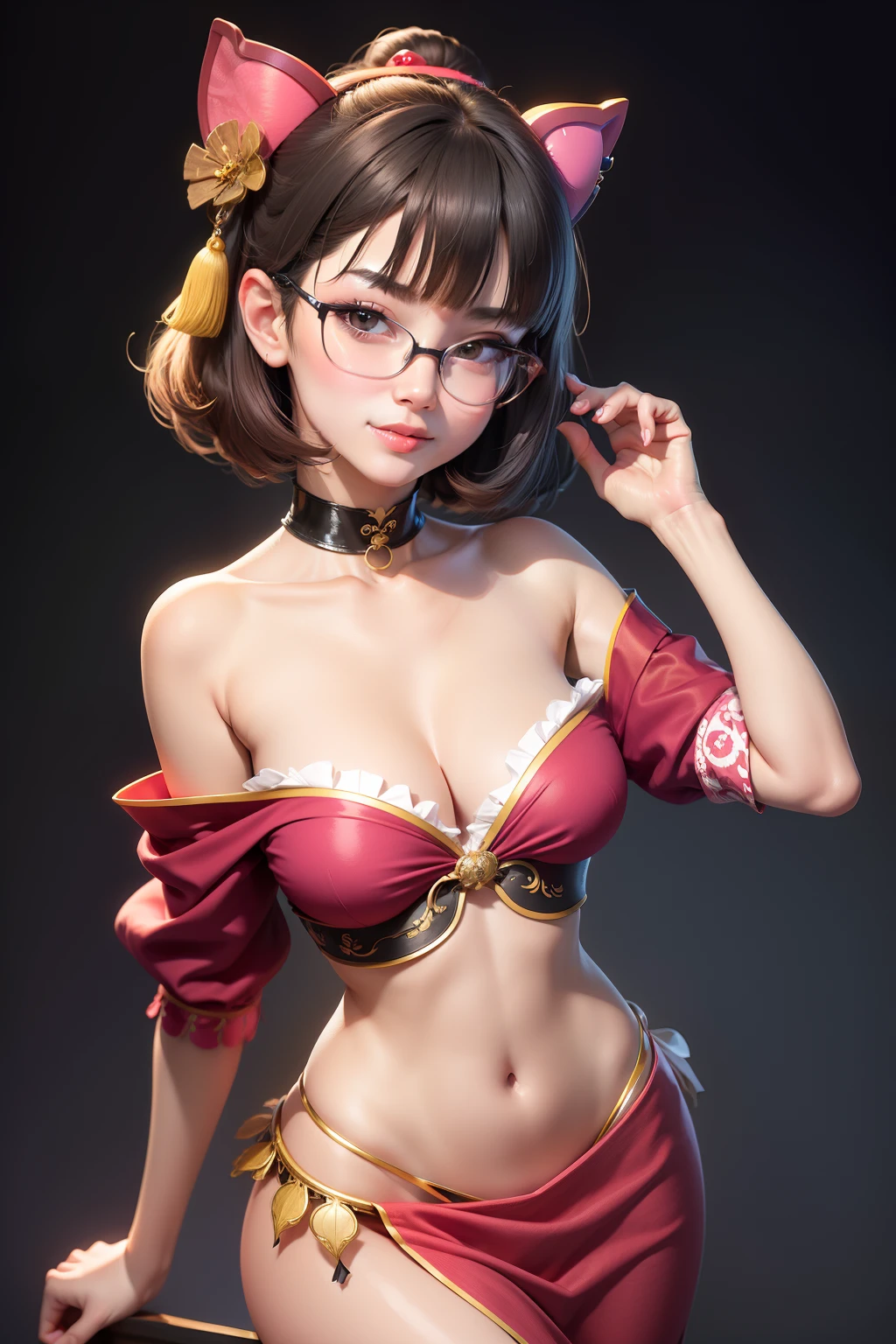 1 cute girl (18yo) glasses, upper body, slim waist, natural small breast, sexy pose, seductive expression, bangs, random hairstyle, cleavage, navel, collar, collarbone, off shoulder, seductive smile, wear intricately detail hot and sexy outfit, geisha costume, wear unique helmet, shiny colorful neon color, upper body. flat gray color for background