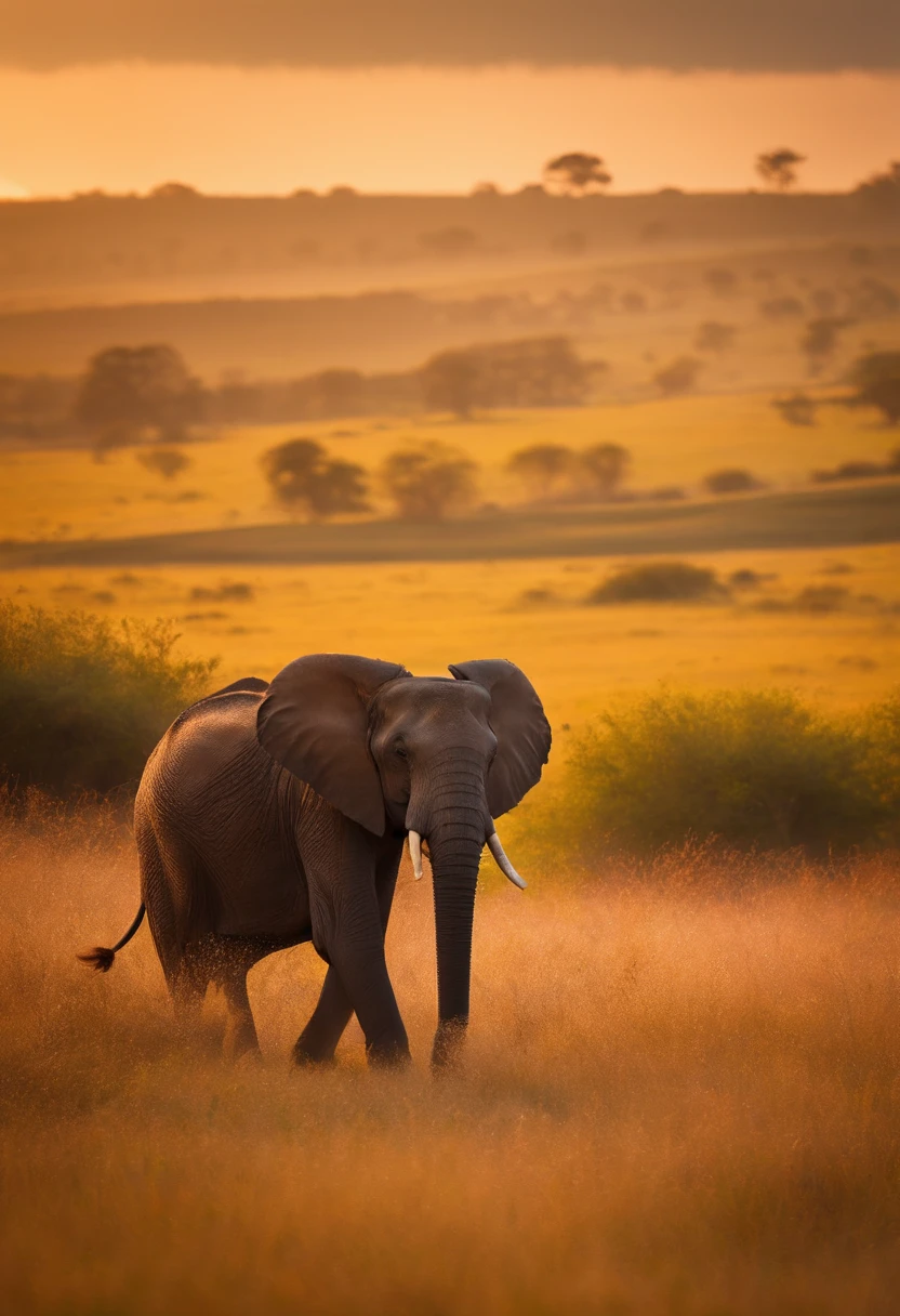 An elephant walks side by side with a speeding car through endless pastures