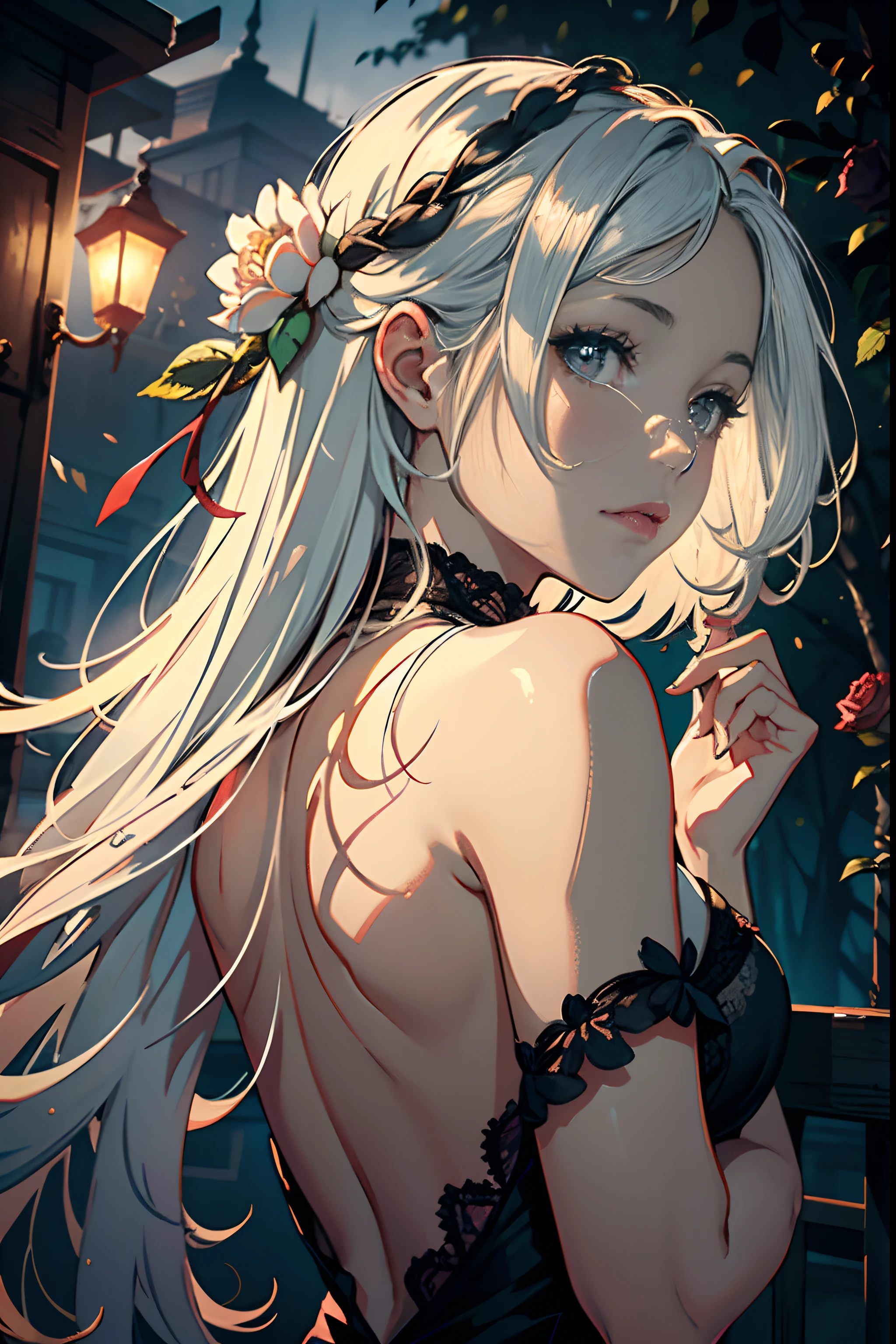The photo was taken in the dark, Gloomy surroundings. The girl in the foreground, She stands with her back to the camera. She wears a long, flowy dress, revealing its curves. The dress is made of transparent material, which allows her skin to be visible through. Her hair is loose and cascades over her shoulders. In her hand she holds a single red rose. The lighting in the photo is impressive. The girl is illuminated from behind, Creating a halo effect around it. The rest of the photo is in the shadows. This creates a sense of mystery and intrigue. The general mood of the photo is sensual and alluring. The girl is the center of attention of the photo, And its beauty is undeniable. darkness, The gloomy setting and dramatic lighting create a sense of danger and excitement. The rose in her hand adds a touch of romance. This photograph is a perfect example of professional cinematic photography. It is well lit, well-proportioned, And the theme is absolutely amazing. It is sure to attract the attention of anyone, Who will see it. The girl could be in high heels, which will further accentuate its curves. You could put a rose in her hair, Or she can bring it to her lips. The background can be a cityscape, Or it could be a forest or a beach. The photo can be taken in black and white, which would add drama and mystery. Whatever, As a result, the photo will be composed?, It is sure to be a stunning and memorable image.
