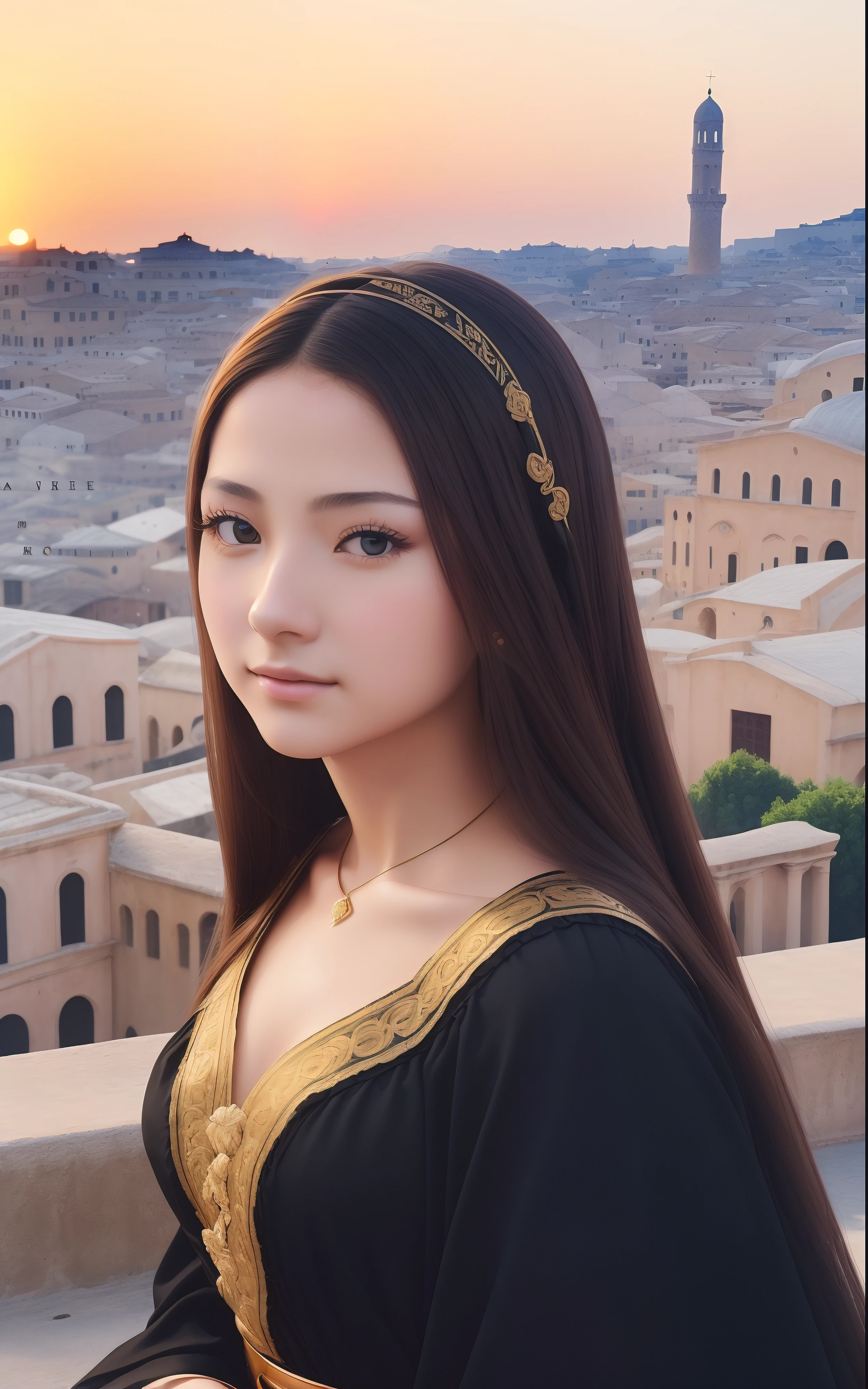 Photo. On the cover of Vogue. Text Says"Tenalisa" TeenMona Lisa, 17 yearsk long skirt dress, She has a brunette, Strong confidence standing to see you. Roman columns and arches created by Greek columns are in the background, On the rooftops of Italian cities, Sunrise sky on background, In the foreground is an empty luxurious wooden chair, In the distance behind her, Leonardo da Vinci facing backwards, Distant bridges, The light of sunrise shines here, Cinematic, high detailing, (credibly_absurderes,Huge_filesize:1.37),(masterpiece:1.37),(top-quality:1.37),(realisitic,Photorealsitic:1.2),Ray traching,Realistic lighting,(illuminations,Glow),((film grains:1.37)),(Exquisite details and textures:1.2),(8K分辨率:1.2),(ultra -detail:1.2),(Sharp Focus 1.2),(Raw photography:1.0),(Beautiful Detail Face、Beautiful Detail Eye、 radiant eyes、long eyeslashes、blush of the nose:1.2)、((((perfect anatomia))))、full body Esbian、Ceremony、1girl in、独奏、a beauty girl、High class、(A slender:1.37)、(cute face)、(Natural glowing skin:1)、(Detailed natural skin、detailed skin textures、Detailed black hair、Well-formed hairstyles)、Facial light、(ciinematic light)