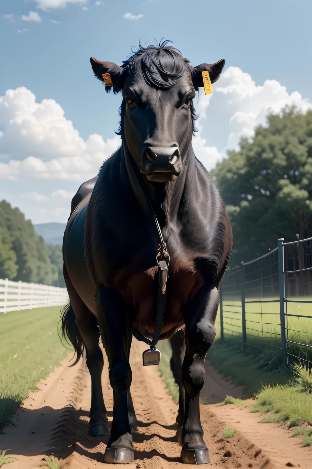 This image shows a hornless black Aberdeen angus bull standing in a dirt pen. The bull has a yellow ear tag and its eyes are looking directly at the camera. The fence behind the bull is made of wood and has a wooden gate. The sky is overcast and there are some trees in the background. The bull appears to be healthy and well cared for.
