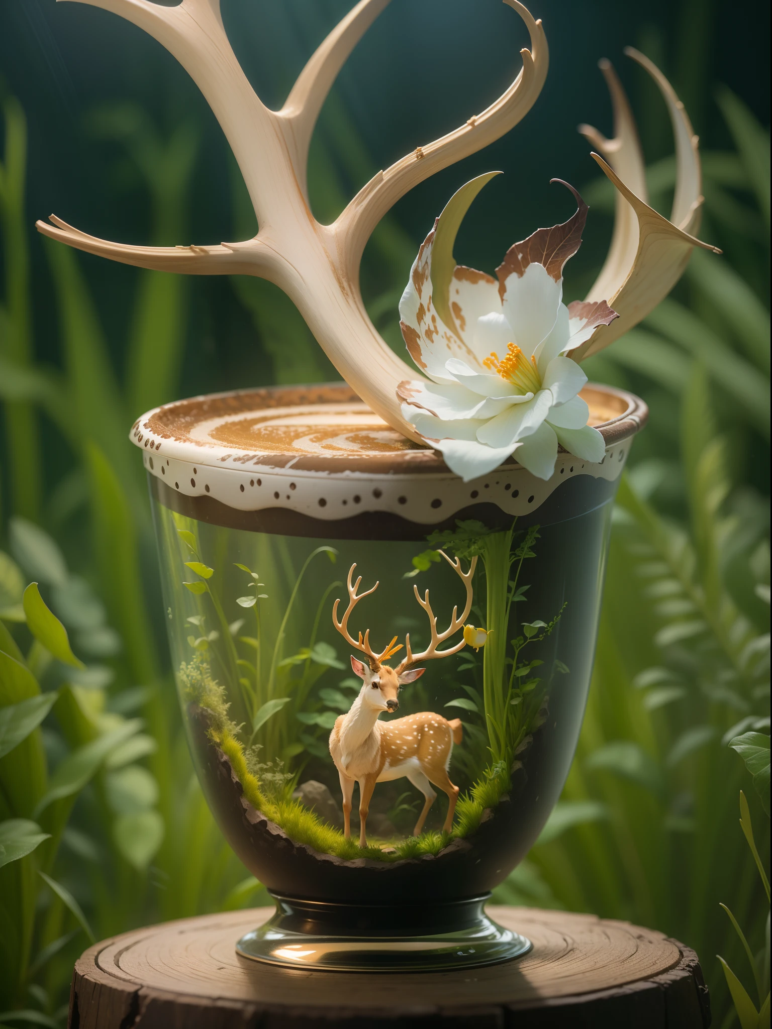 ((Best quality)) , ((Masterpiece)) , (Detailed) , photographed, Award-Awarded,  ([A cup of vanilla latte:5]:1.3) , （The cup is engraved with a deer antler pattern：1.1）Made of grass, Dark yellow pattern, Boring, Inside the delightful aquarium tunnel, Dense interior, thunderstorm, FOV 90 degrees, cel shading, regret, magic realism, Moody lighting, filmgrain, Canon RF, zoom lens, Complementary colors, Rule of thirds, Bold type, 64k, 超高分辨率, 8K resolution