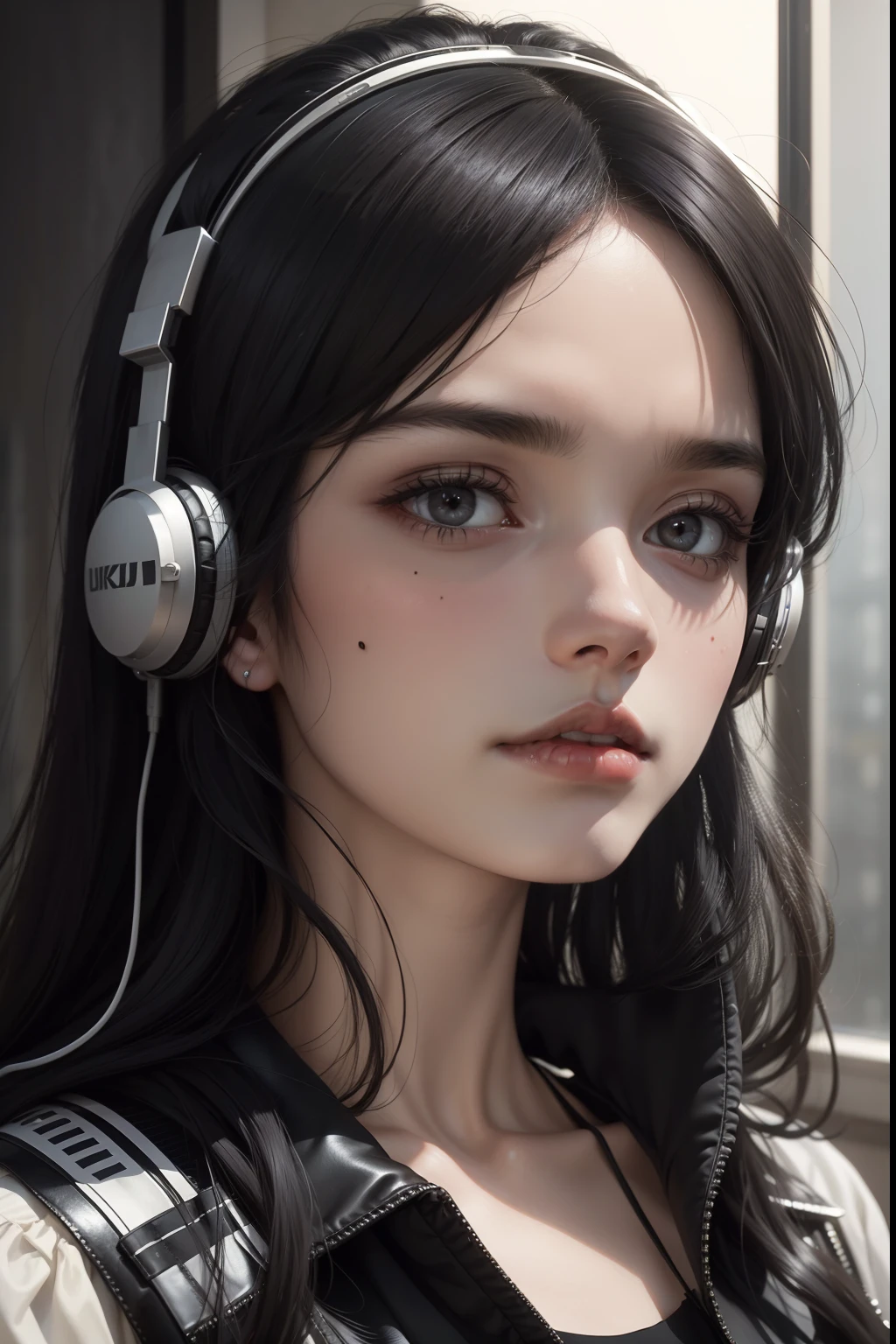 black hair, hair behind ear, headphones, mole under eye, eye reflection, covering ears, parted lips, Surrealism, high detail, Social realism, interior architecture, modern, Hyperrealism, chiaroscuro, close-up, Eye-Level Shot, UHD