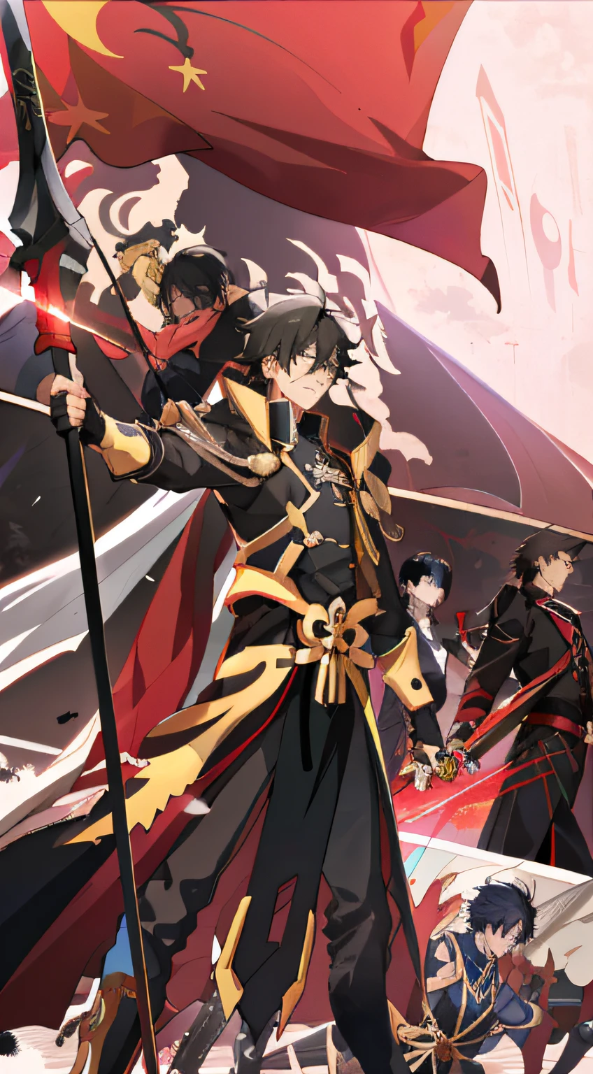 novel cover,Handsome black-haired popular man,Anime characters with flag and sword in the field, zerochan art, zerochan, anime style like fate/stay night, popular isekai anime, dark robed,Gold accents, anime key visual”, heise jinyao, hijikata toushirou, by Yang J, sao style anime, Official anime artwork, offcial art, anime key visual concept art of