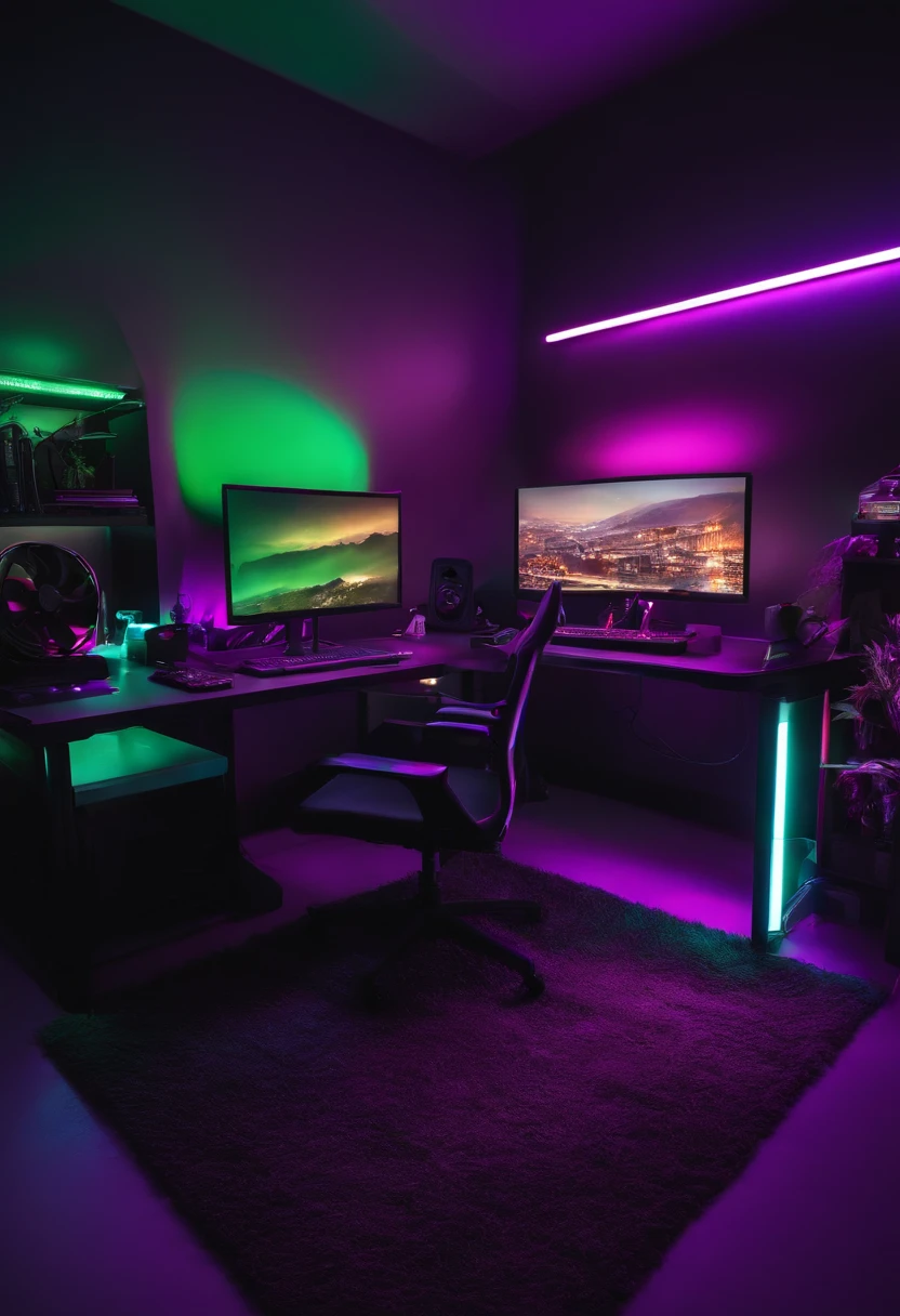 escritorio gamer con rgb y iluminacion morada
