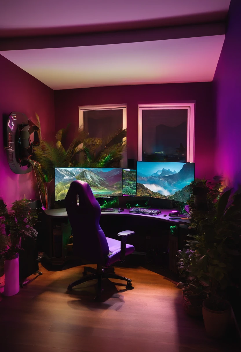 escritorio gamer con rgb y iluminacion morada