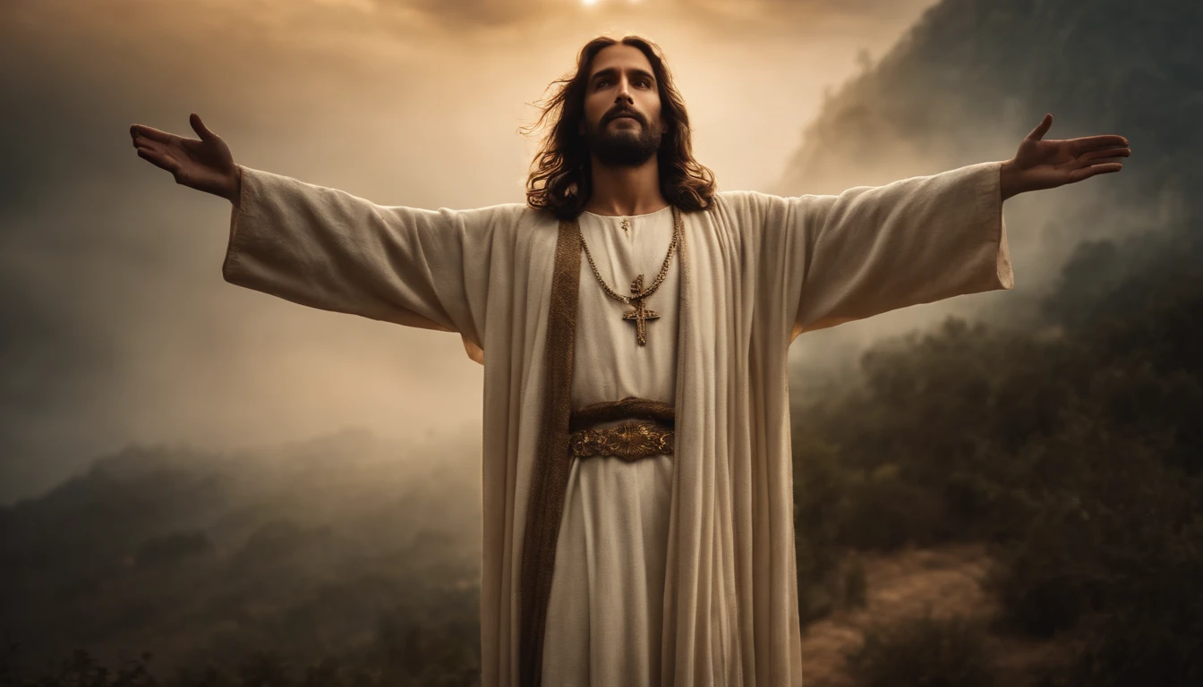 Um anjo da guarda com asas majestosas, envolvendo amorosamente Jesus Cristo com seu manto celestial