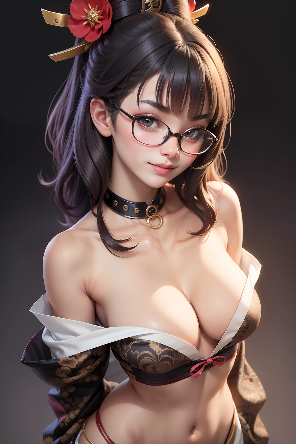 1 cute girl (18yo) glasses, upper body, slim waist, natural small breast, sexy pose, seductive expression, bangs, random hairstyle, cleavage, navel, collar, collarbone, off shoulder, seductive smile, wear intricately detail hot and sexy outfit, geisha costume, wear unique helmet, random color, upper body. flat gray color for background