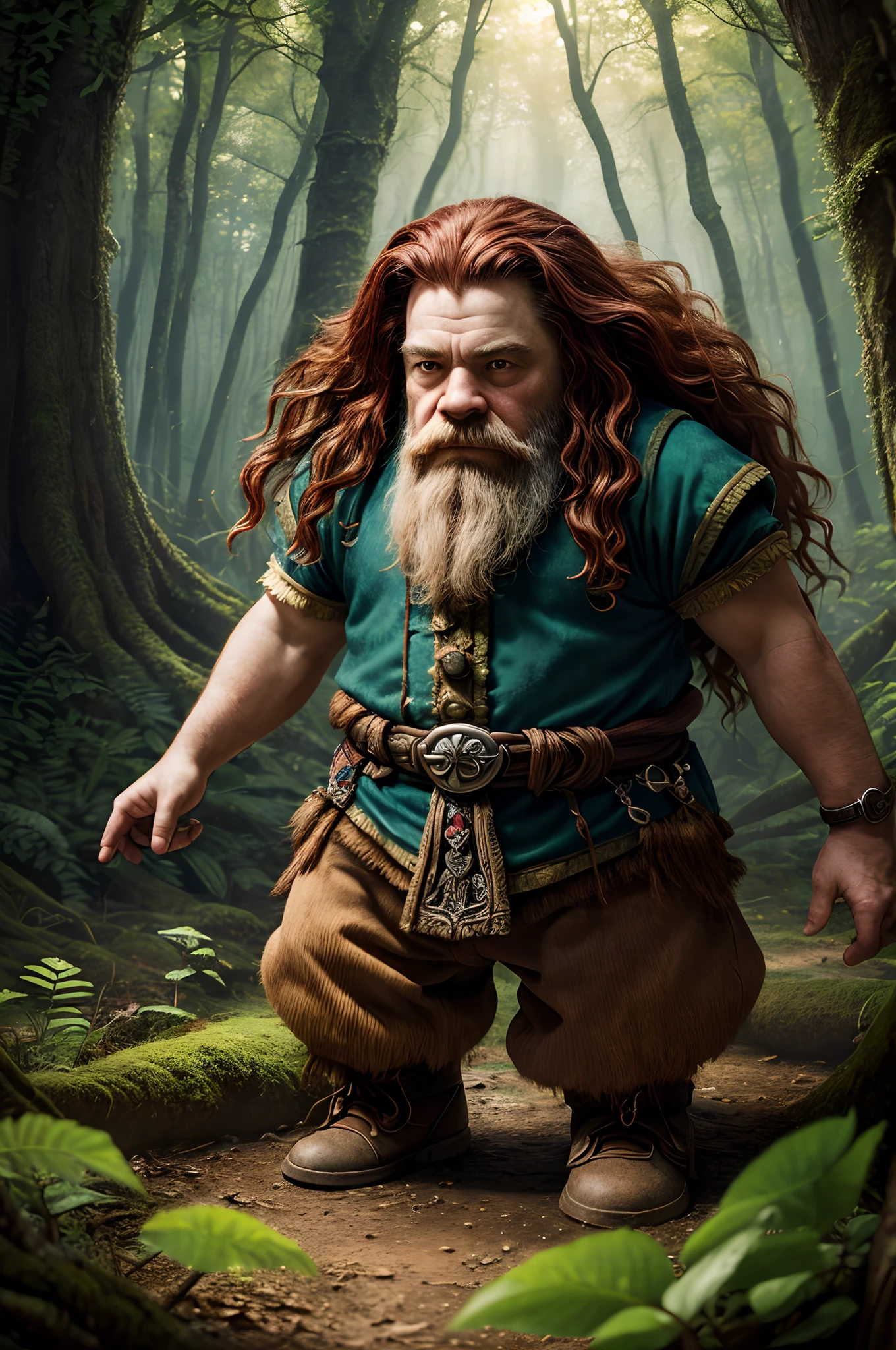 photo RAW,(dwarf, cliric, red haire a magical forest, realistic, extremely detailed, intricate, best quality, masterpiece, detailed background), masterpiece, award winning photography, lighting, perfect composition, high detail, hyper realistic,dramatic lighting, epic