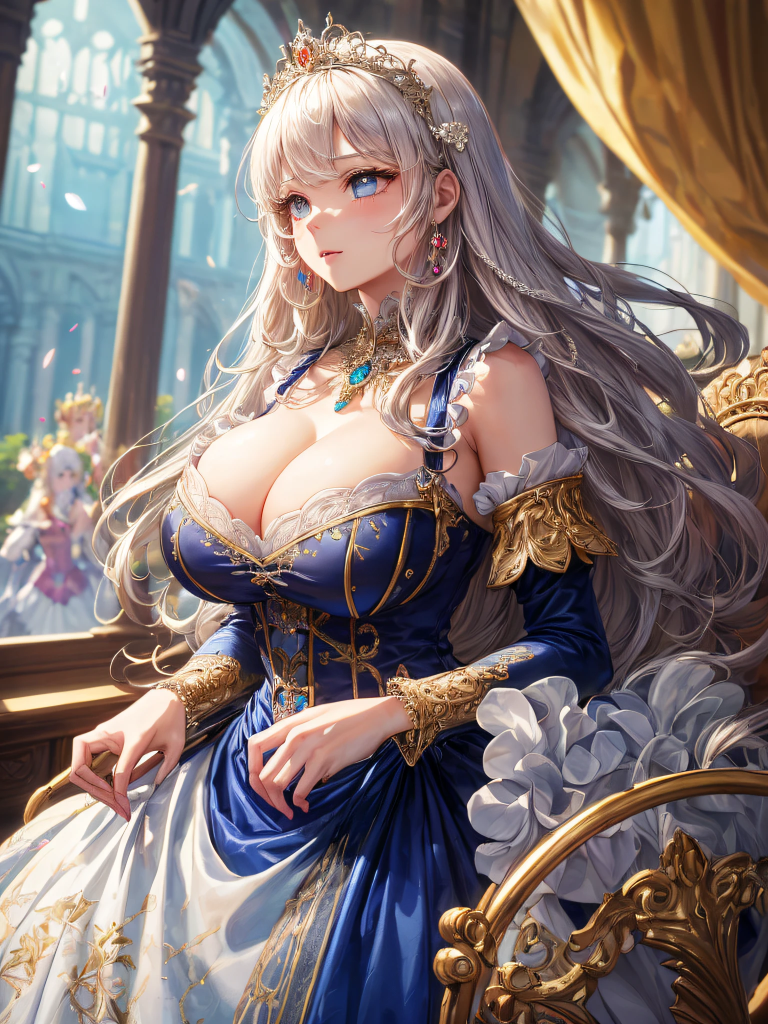 (masterpiece, best quality,extremely detailed,moe anime art style:1.2),1girl, (solo), cute, kawaii,digital art,((1 bling-bling anime princess wearing beautiful embroidery and jeweled gorgeous princess ballgown with voluminous full length hoop skirt)),((crinoline)),long train,voluminous frills,(gorgeous embroidery and beautiful lace),(very gigantic boobs,cleavage,skindentation),((shiny hair,absurdly voluminous straight hair,absurdly Long Hair)),((finely detailed face and eyes)),clear pupil,(bling-bling gorgeousfull jeweled big tiara),((bling-bling gorgeous gemstone jewelry)),long veil,((in beautiful luxury palace)),flowers,flower petals flowing,((looking away)),((beautiful embroidery and jeweled gorgeous princess ballgown with voluminous full length hoop skirt))