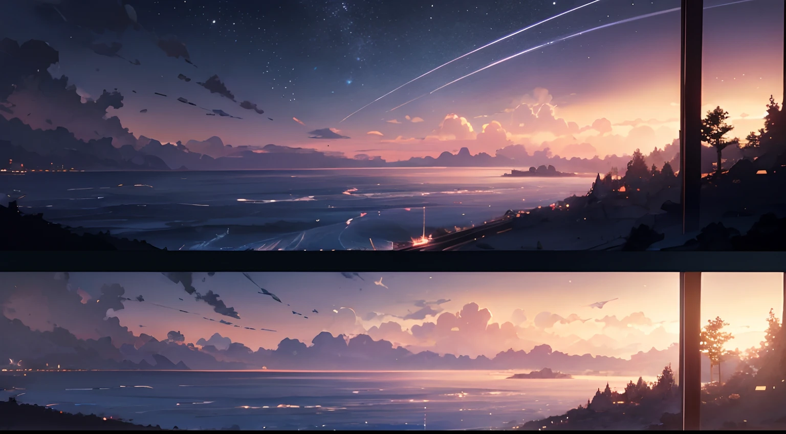 High quality masterpiece ,scenecy,Anime train passing through bodies of water on tracks, Glittering starry sky。Romantic train,Pisif,concept-art,Lofi art style,Reflectors。 By Makoto Shinkai, Lofi art, beautiful anime scenes, Anime landscapes, Detailed scenery —width 672, in the style of makoto shinkai, Makoto Shinkai's style,Detail enhancement