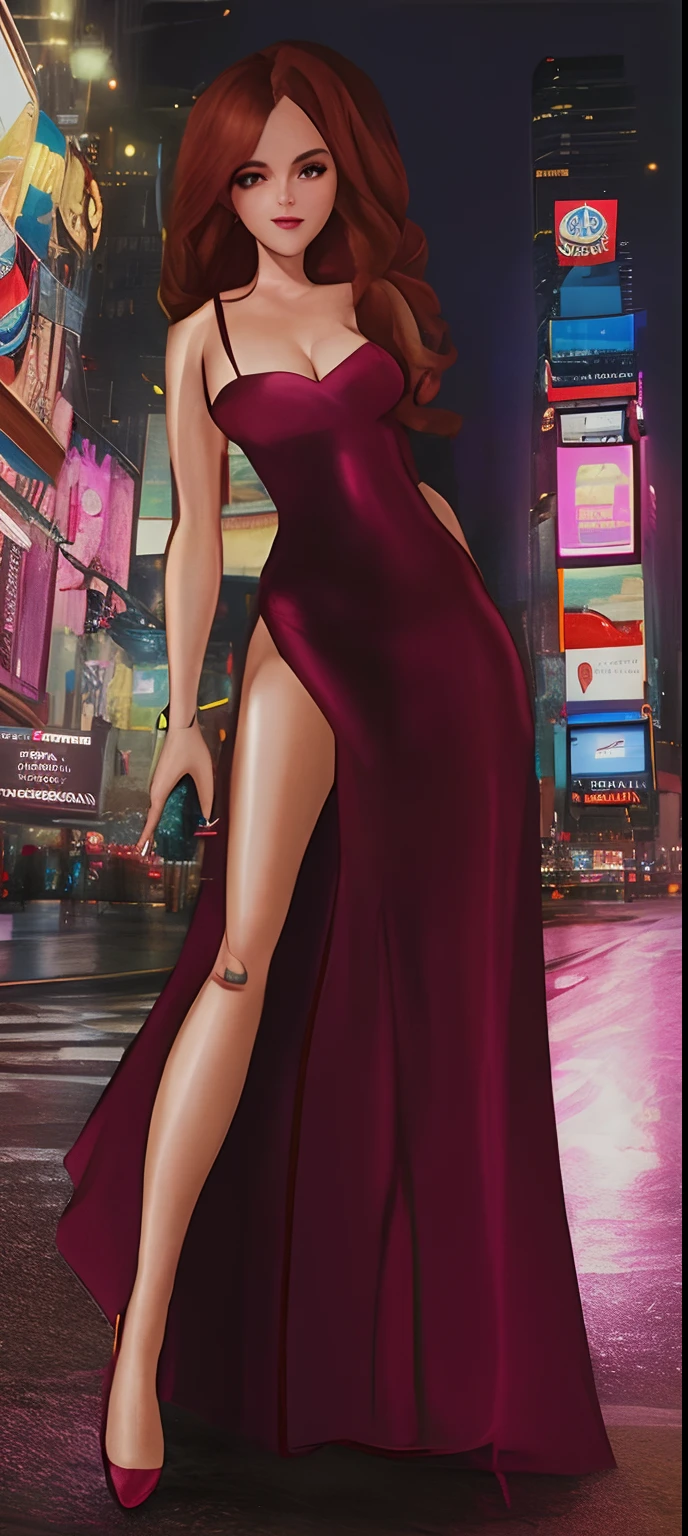 Cartoon of a woman in a red dress standing on a city street, Jessica Coelho, Close-up de corpo inteiro, Emma Watson como Jessica Rabbit, Directed by: Eddie Mendoza, Directed by: Evan Charlton, in illustration style digital, Arte Giantess, Directed by: Patrick Adam, Alejandro Burdiso Arte Estilo, na cidade, digital illustration -, color digital illustration