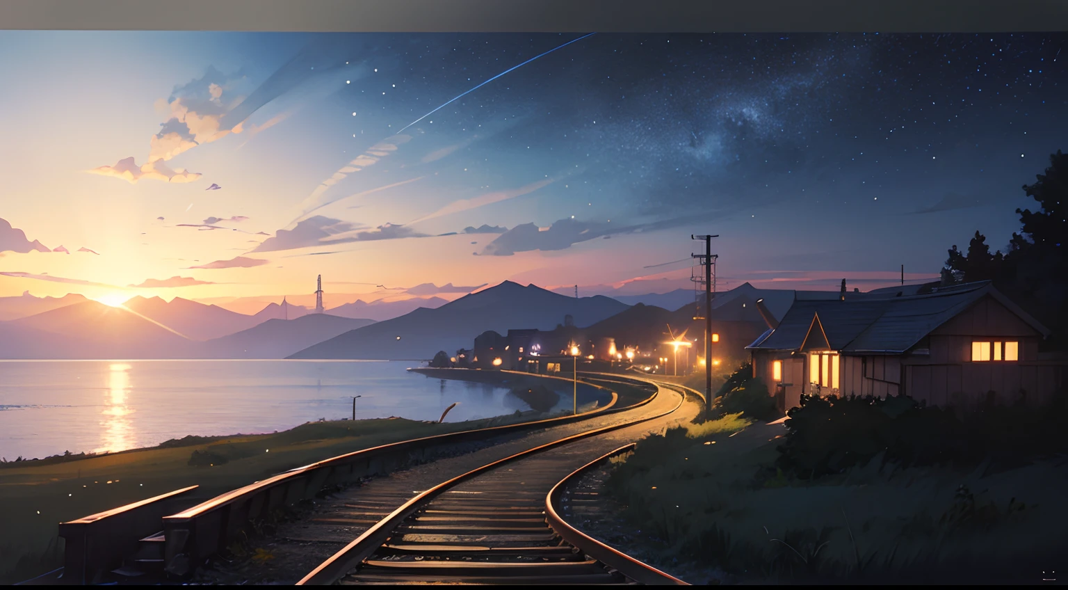 High quality masterpiece ,scenecy,Anime train passing through bodies of water on tracks, Glittering starry sky。Romantic train,Pisif,concept-art,Lofi art style,Reflectors。 By Makoto Shinkai, Lofi art, beautiful anime scenes, Anime landscapes, Detailed scenery —width 672, in the style of makoto shinkai, Makoto Shinkai's style,Detail enhancement