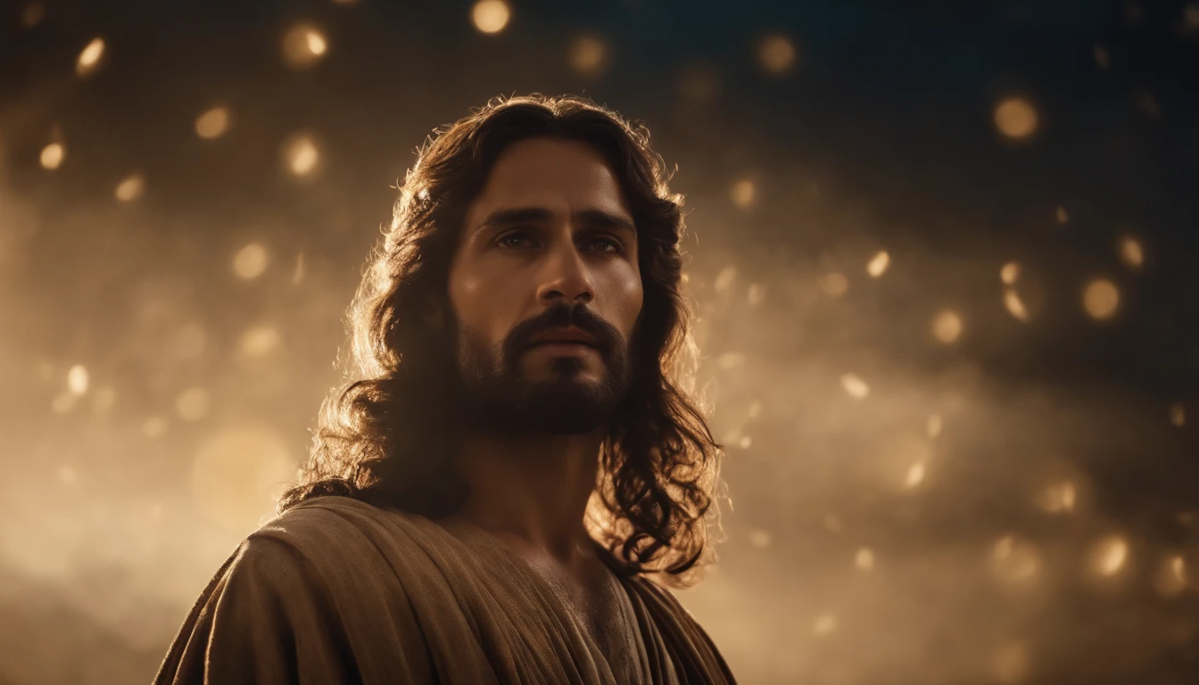 Um anjo da guarda com asas majestosas, envolvendo amorosamente Jesus Cristo com seu manto celestial