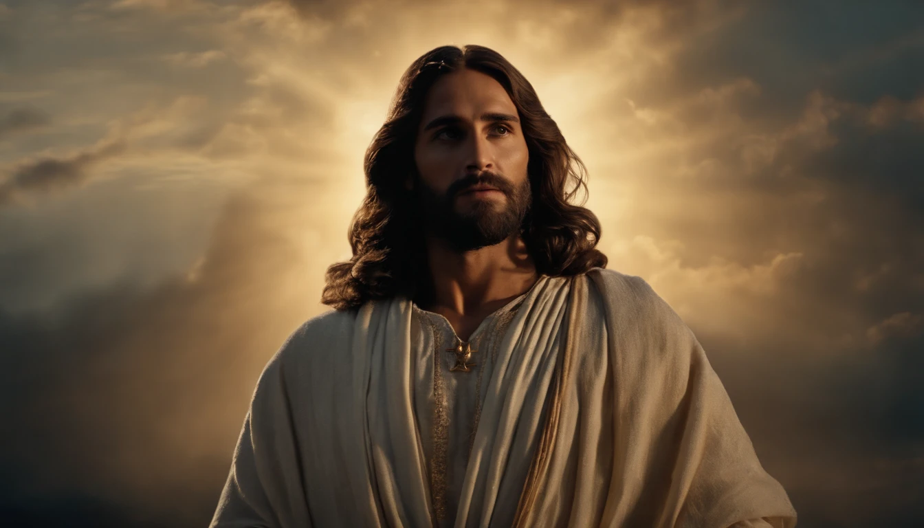 Um anjo da guarda com asas majestosas, envolvendo amorosamente Jesus Cristo com seu manto celestial