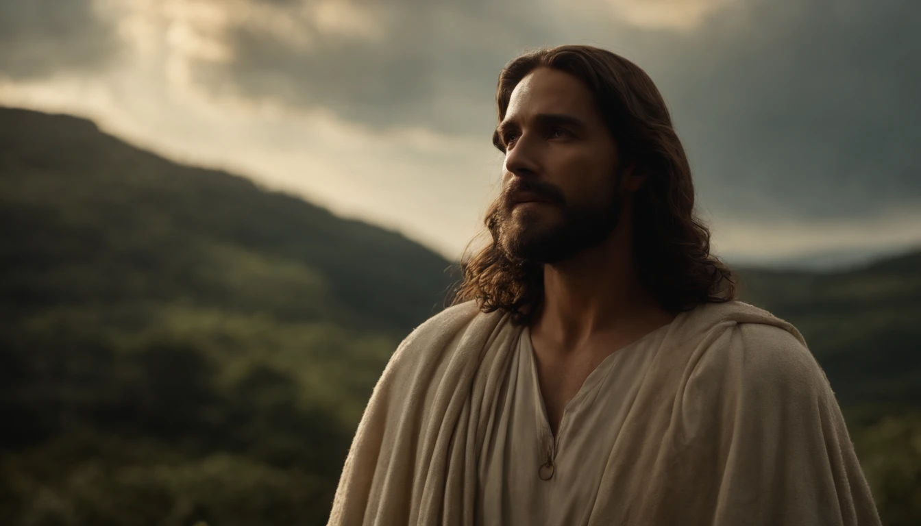 Um anjo da guarda com asas majestosas, envolvendo amorosamente Jesus Cristo com seu manto celestial