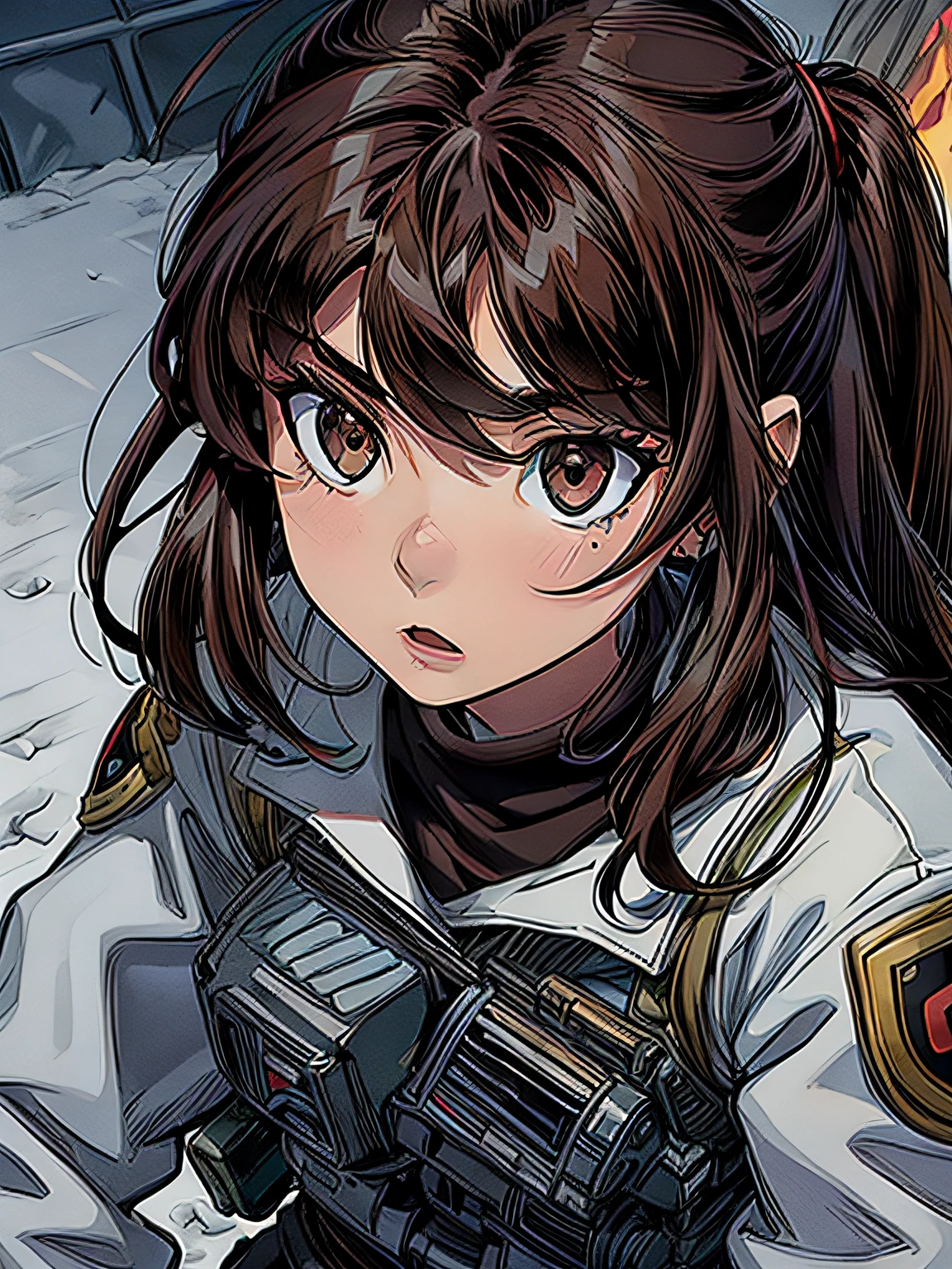 1girl in,brunette color hair,Akame,Imperial Army Soldier,Army Officer Uniform,Battlefield Background、actionpose、