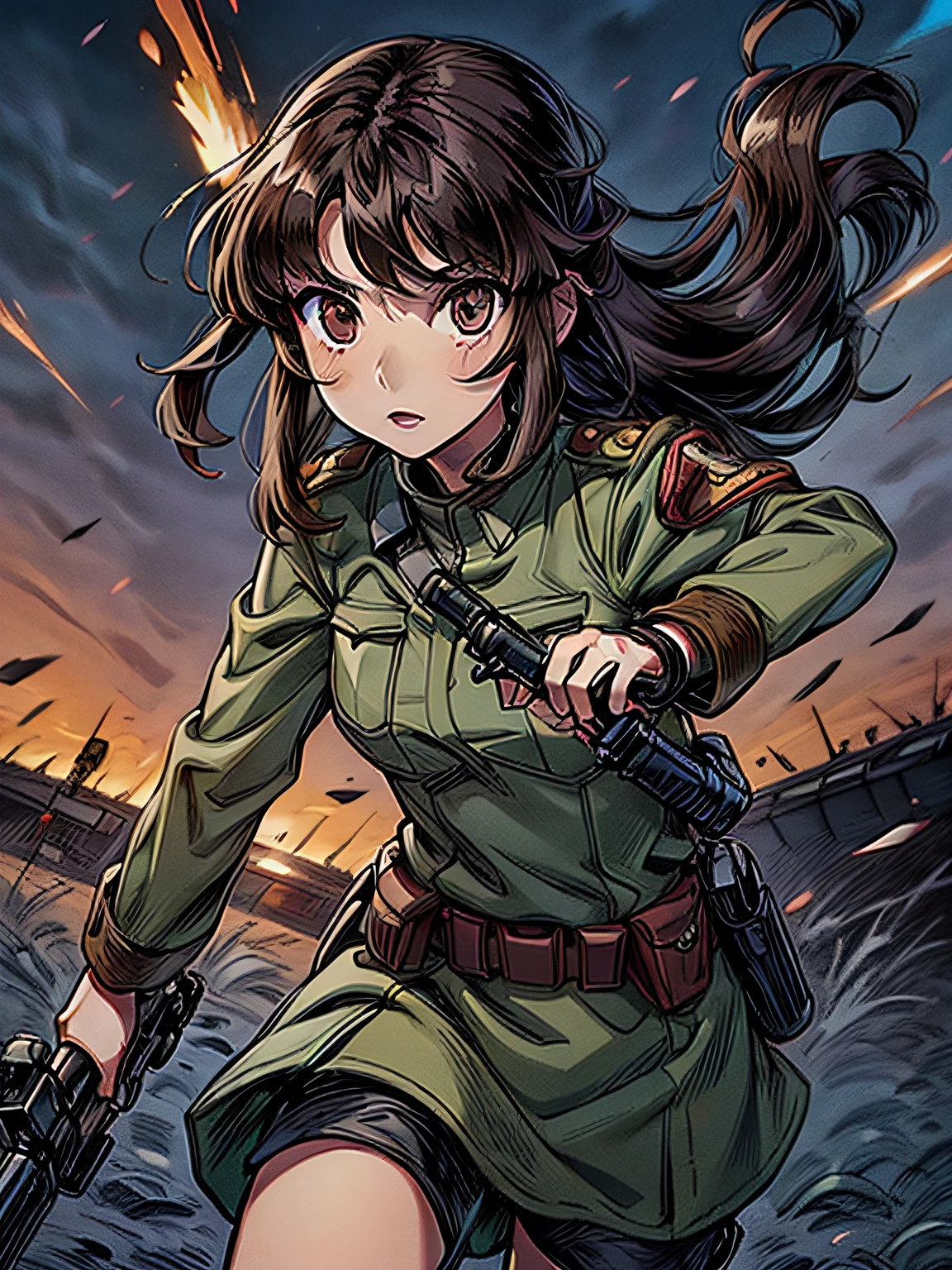1girl in,brunette color hair,Akame,Imperial Army Soldier,Army Officer Uniform,Battlefield Background、actionpose、