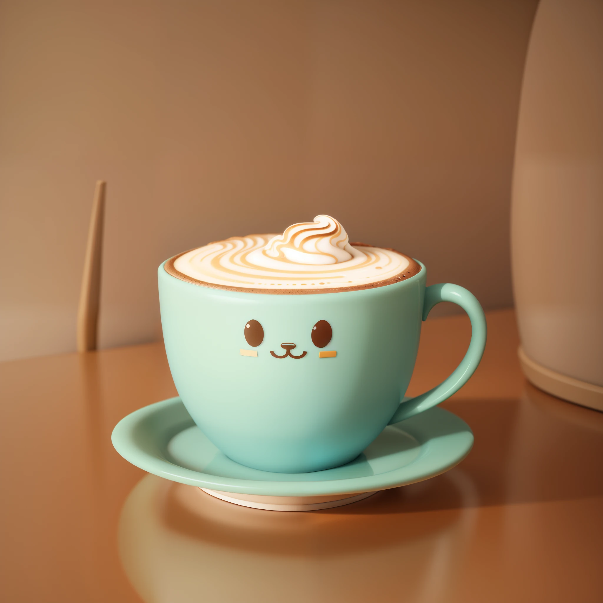 Pegatina, There is a cup of coffee with a face, Lindo renderizado 3D, Lindo! c4d, cappuccino, Renderizado 3D suave, Adorable pintura digital, cozy cafe background, coffee mug, renderizado en V-ray, Renderizado en Maya 4 D, hot coffee, Renderizado en Cinema 4D, Renderizado en Cinema4D, Lindo arte digital, stiker