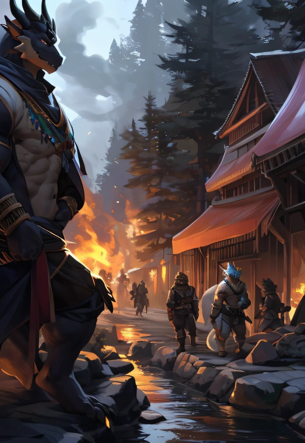 seulement, male, (musculaire), chaman, (male anthro dragon:1.3), (corps noir:1.1), ventre blanc, (agenouillement:1.3), (Kemono:1.4) (Prier:1.23), (tribal clothing, long pagne, motif rouge:1.2), detailled eyes, queue de dragon, corne, ((Portrait de buste)), (detailled eyes, yeux jaunes, Des yeux brillants:1.1), (dehors:1.35), autel, Feu, smoke, woods, bougie, Nuit, (Particules ,Luciole, bleu brillant:1.3), detailed background, 8K HD, (ombres sombres, Large plage dynamique, Hdr, low light:1.2), par Pino Daeni, Canyne testified, milkytiger1145, Dagasi, Yupa, seulement