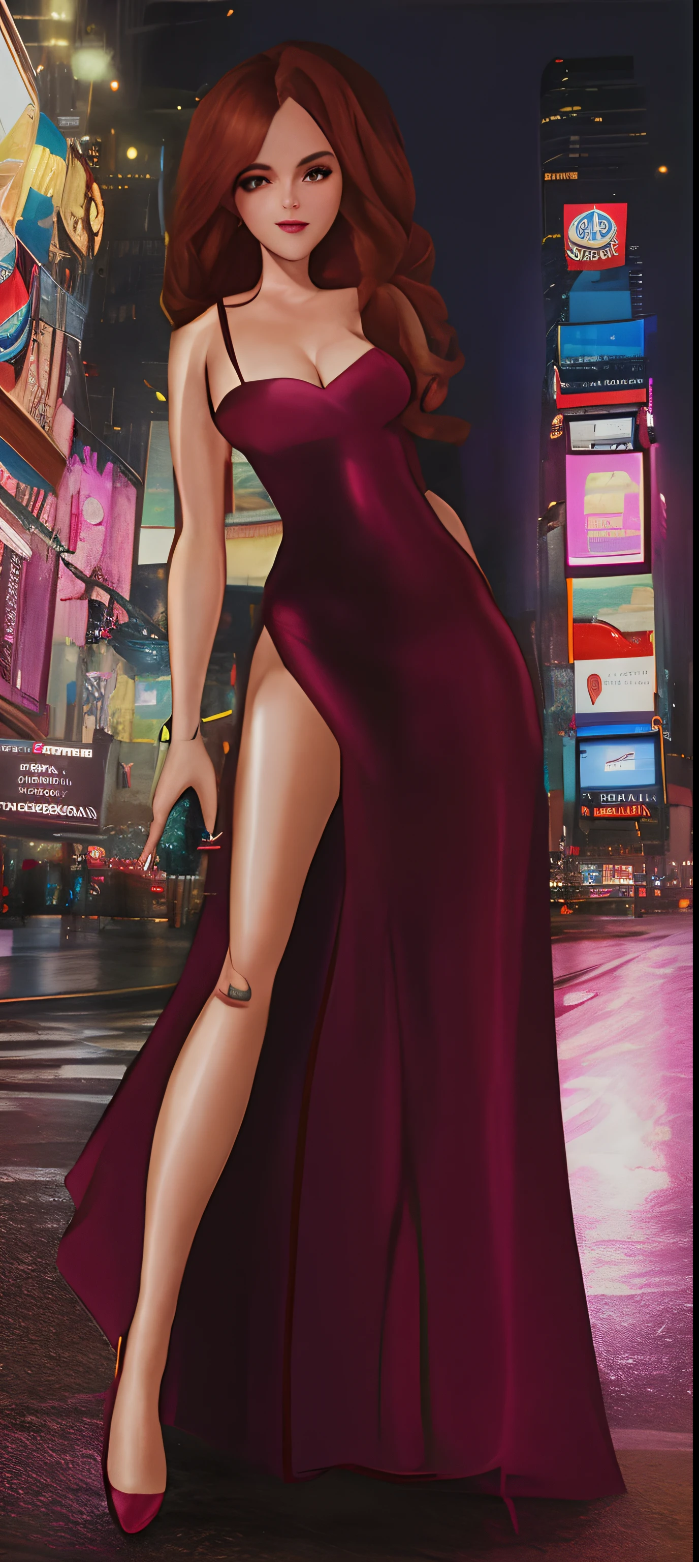Cartoon of a woman in a red dress standing on a city street, Jessica Coelho, Close-up de corpo inteiro, Emma Watson como Jessica Rabbit, Directed by: Eddie Mendoza, Directed by: Evan Charlton, in illustration style digital, Arte Giantess, Directed by: Patrick Adam, Alejandro Burdiso Arte Estilo, na cidade, digital illustration -, color digital illustration