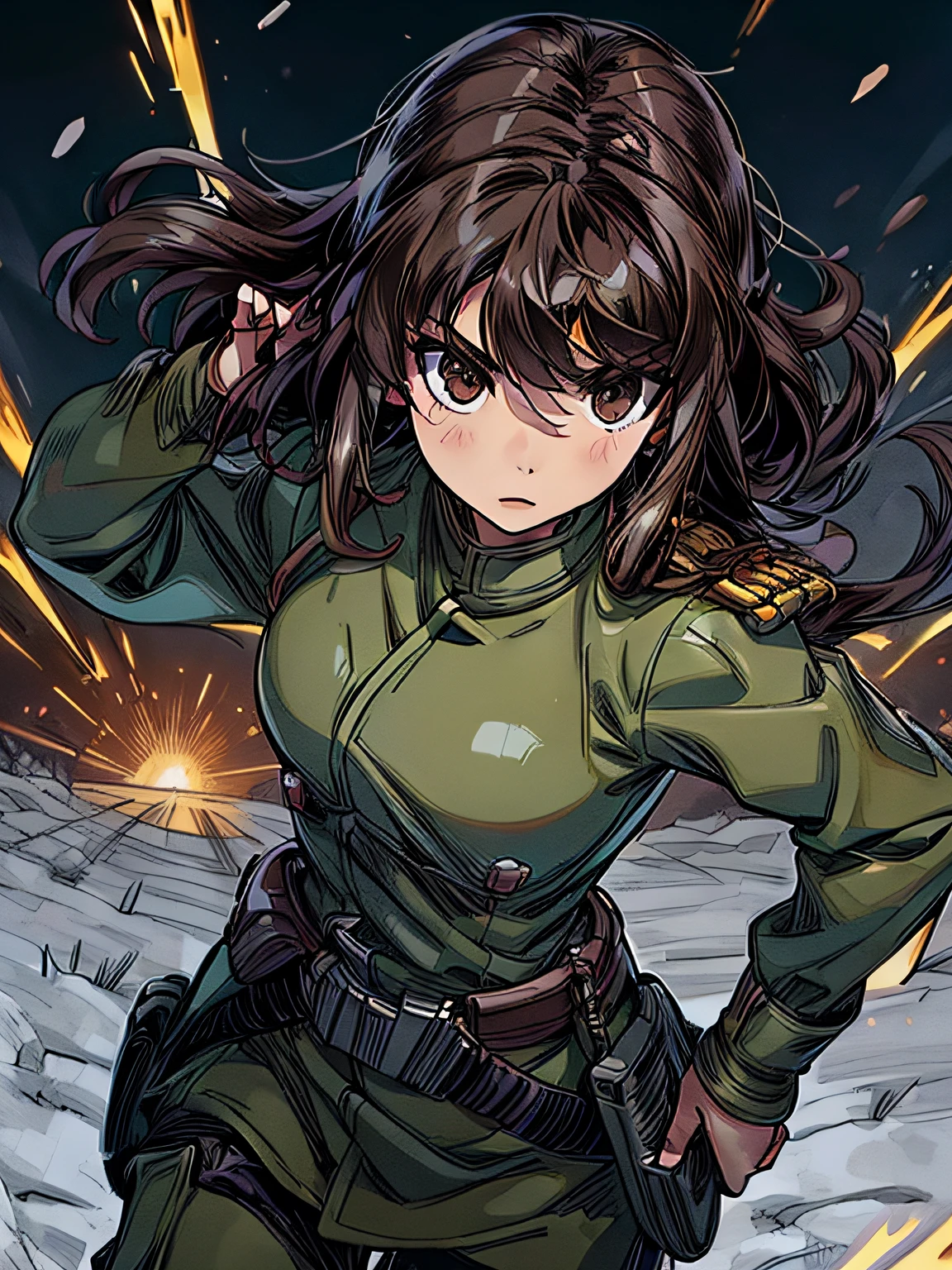 1girl in,brunette color hair,Akame,Imperial Army Soldier,Army Officer Uniform,Battlefield Background、actionpose、