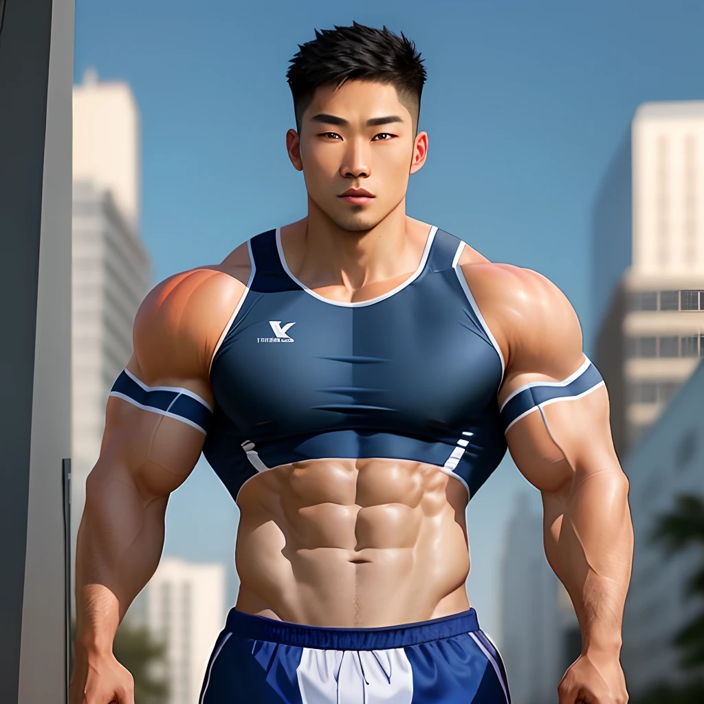 (masterpiece), ((cute korean guy:1.4)), a giant asian guy, handsome korean guy, wearing tight brief, ((wearing brief)), (wearing sneakers:1.3), very big muscles, massive muscles, (wearing sneakers:1.2), ((big bulge)), perfect hands, muscles, abs, hd, 8k, perspective, sky, small people, city