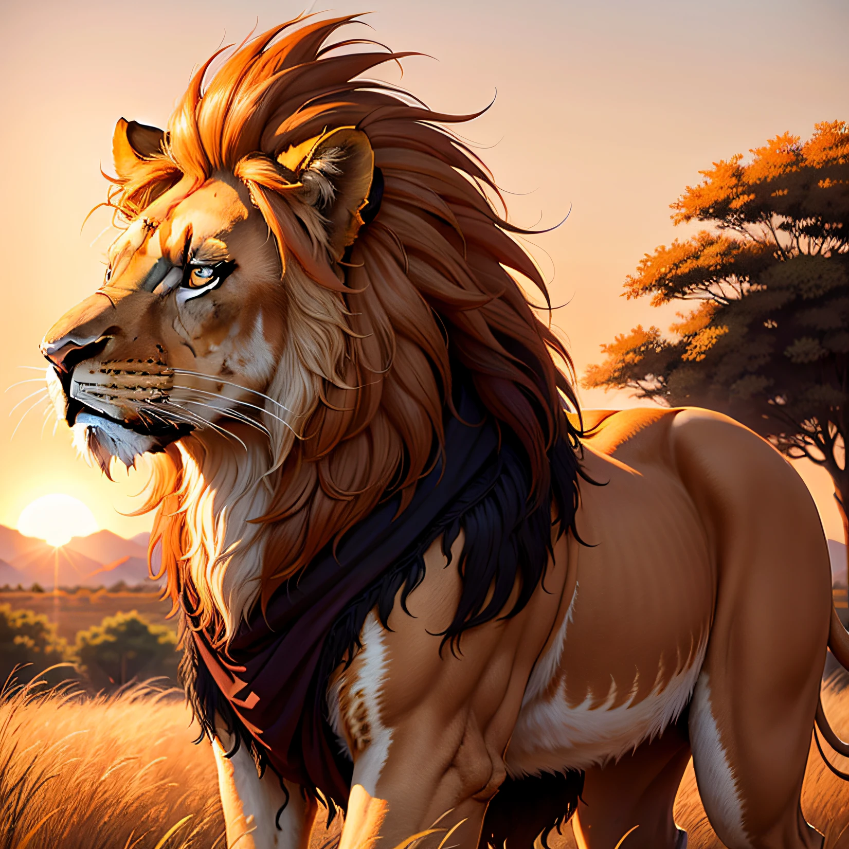 A majestic and regal lion, its golden mane flowing in the wind as it prowls through the tall grass of the savannah. In the distance, the setting sun paints the sky in shades of fiery orange and deep purple, casting a warm and welcoming glow across the African landscape.