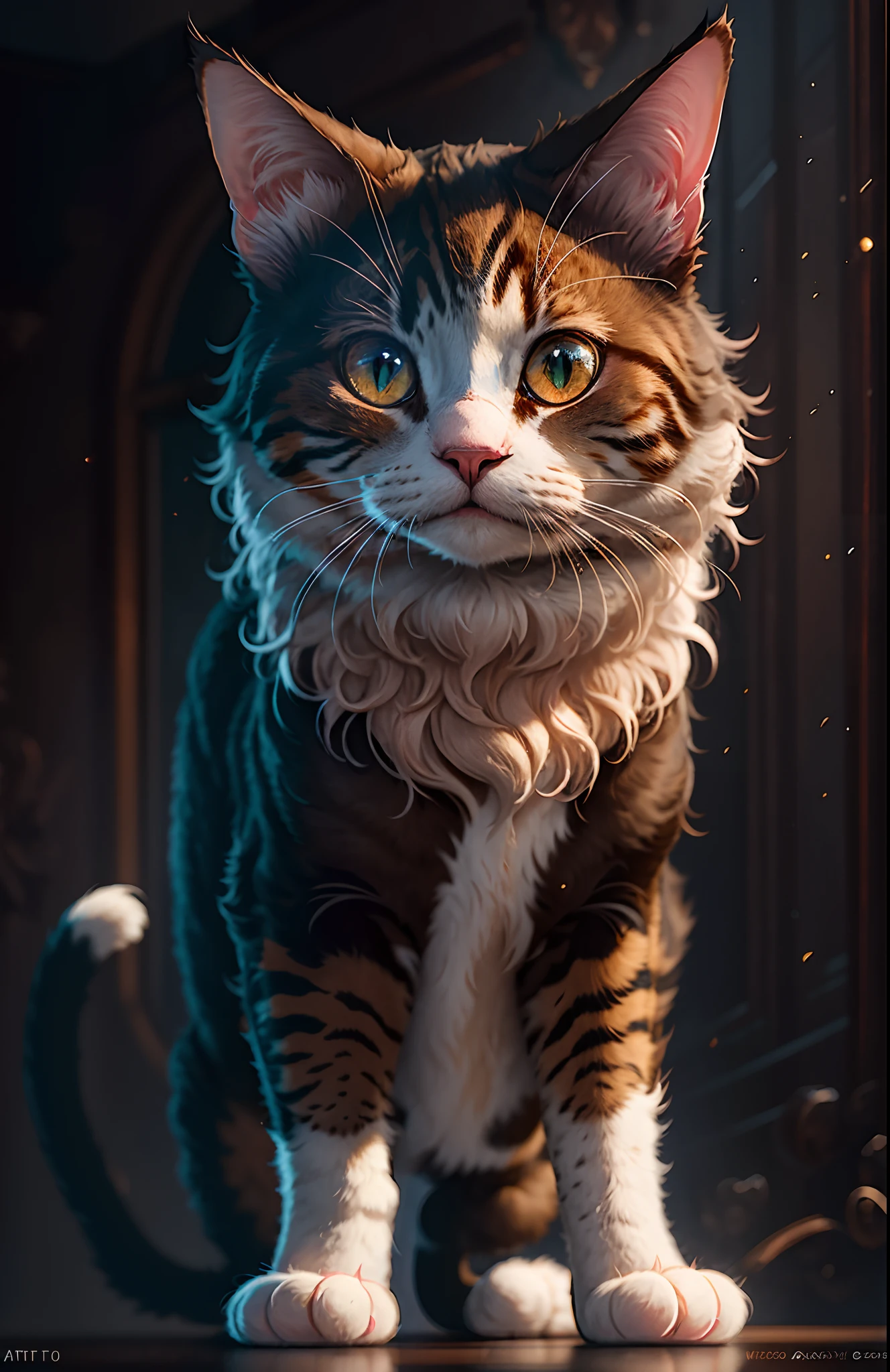 A three-flowered cat, full shot, fluffy hair, anthropomorphic expression, rich colors, exquisite details, masterpiece, realistic, artsation, cg, realistic, Unreal Engine, real light and shadow, beautiful rich colors, amazing details, high quality, a pair of ears
