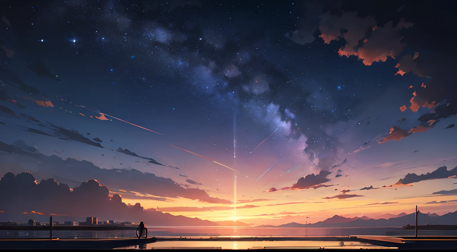 High quality masterpiece ,scenecy,Anime train passing through bodies of water on tracks, Glittering starry sky。Romantic train,Pisif,concept-art,Lofi art style,Reflectors。 By Makoto Shinkai, Lofi art, beautiful anime scenes, Anime landscapes, Detailed scenery —width 672, in the style of makoto shinkai, Makoto Shinkai's style,Detail enhancement