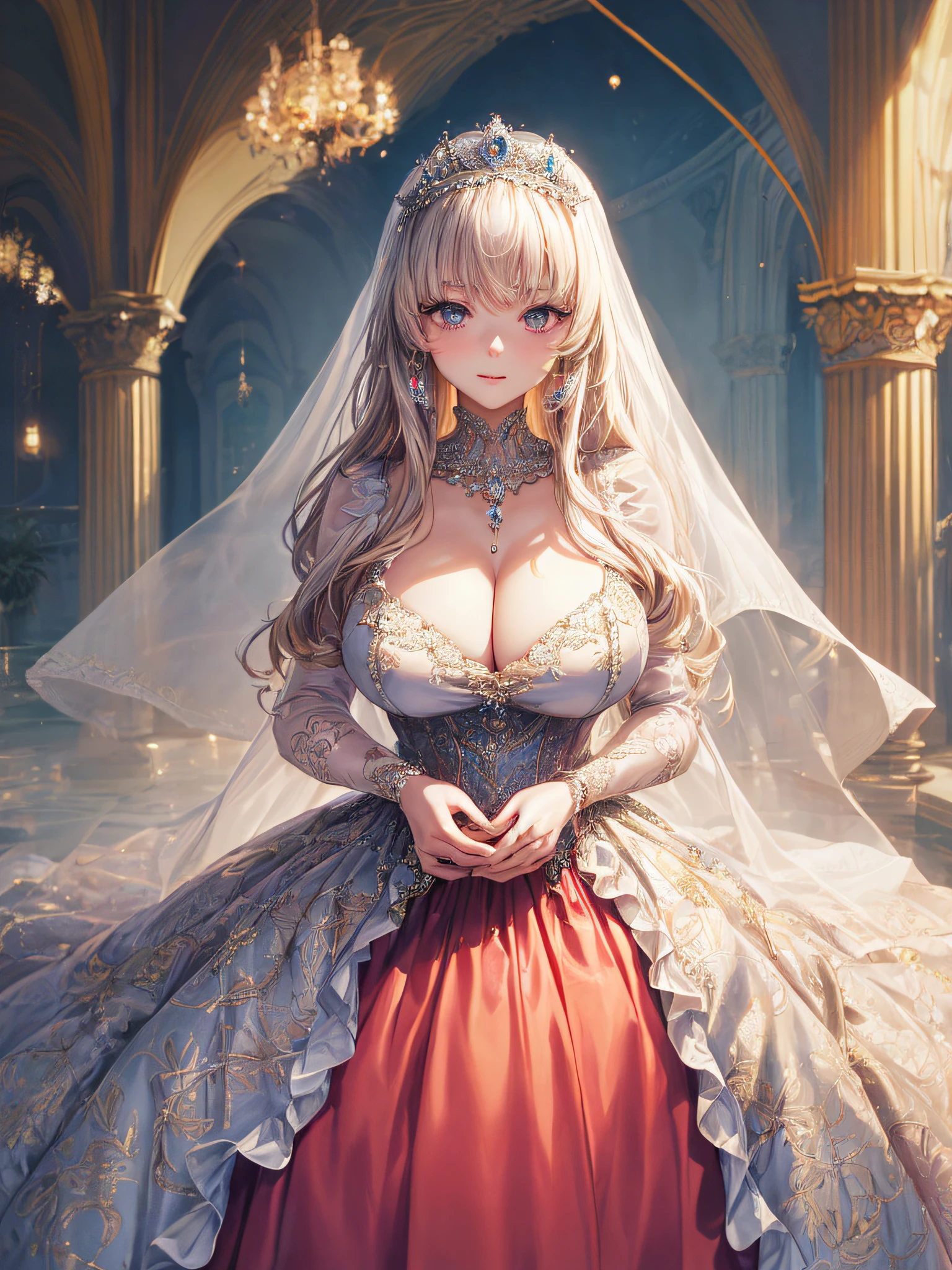 (masterpiece, best quality,extremely detailed,moe anime art style:1.2),1girl, (solo), cute, kawaii,digital art,((1 bling-bling anime princess wearing beautiful embroidery and jeweled gorgeous princess ballgown with voluminous full length hoop skirt)),((crinoline)),long train,voluminous frills,(gorgeous embroidery and beautiful lace),(very gigantic boobs,cleavage,skindentation),((shiny hair,absurdly voluminous straight hair,absurdly Long Hair)),((finely detailed face and eyes)),clear pupil,(bling-bling gorgeousfull jeweled big tiara),((bling-bling gorgeous gemstone jewelry)),long veil,((in beautiful luxury palace)),flowers,flower petals flowing,((looking away)),((beautiful embroidery and jeweled gorgeous princess ballgown with voluminous full length hoop skirt))