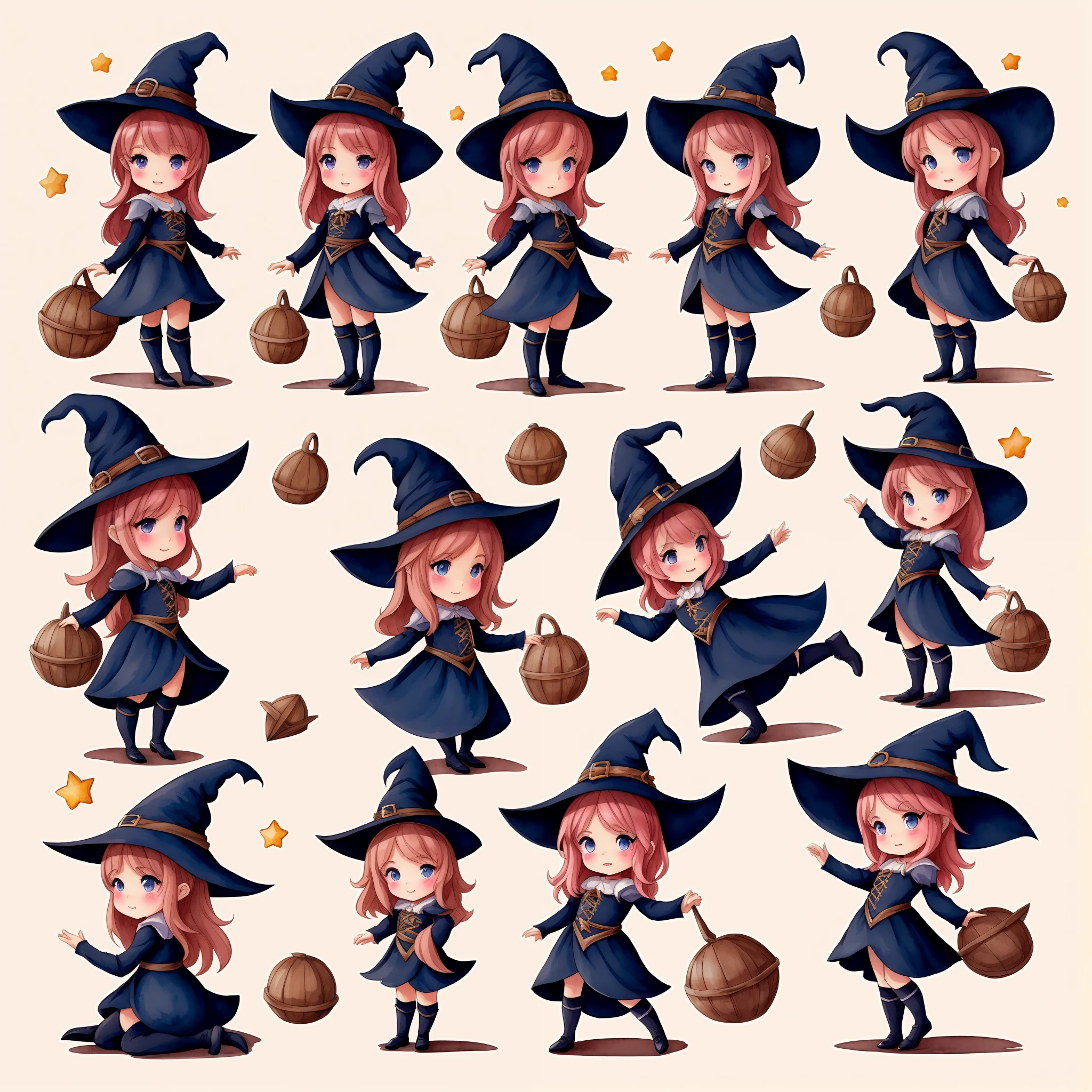 cute little girl in witch costume in 10 different poses, Character Sheet, (Fantasy Character Sheet, front, Left, Right, backboob), multiple poss and expressions, (Best Quality, hiquality:1.3), ,Masterpiece, illustartion, (watercolor style), children book illustration