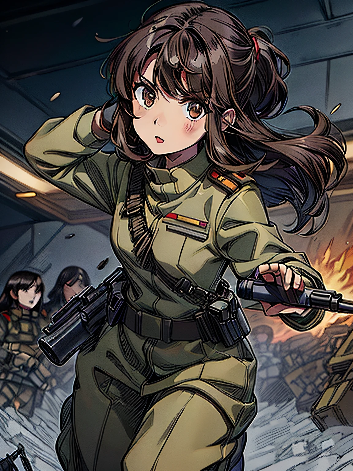 1girl in,brunette color hair,Akame,Imperial Army Soldier,Army Officer Uniform,Battlefield Background、actionpose、