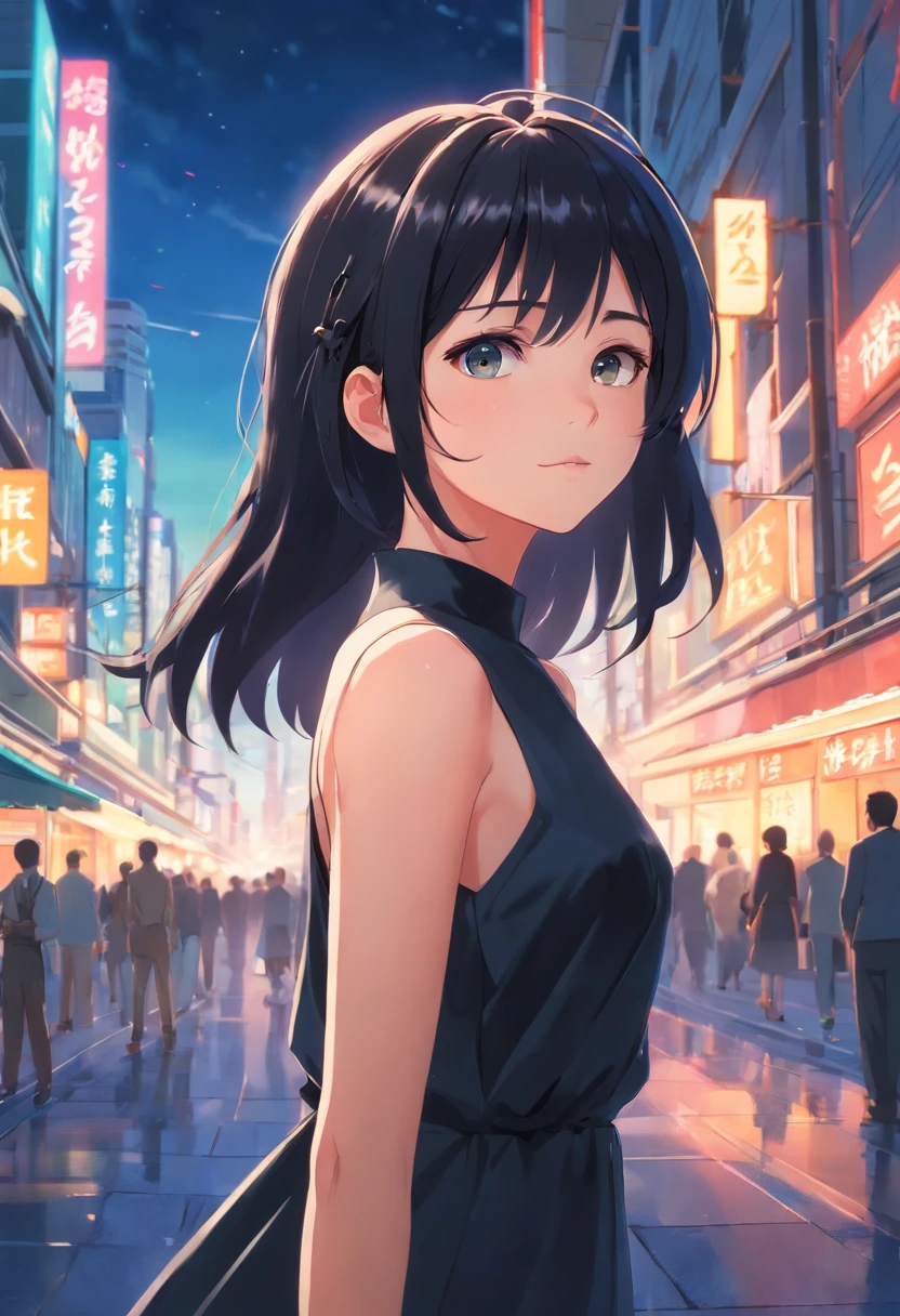 Beautiful girl, black hair, black dress, realistic