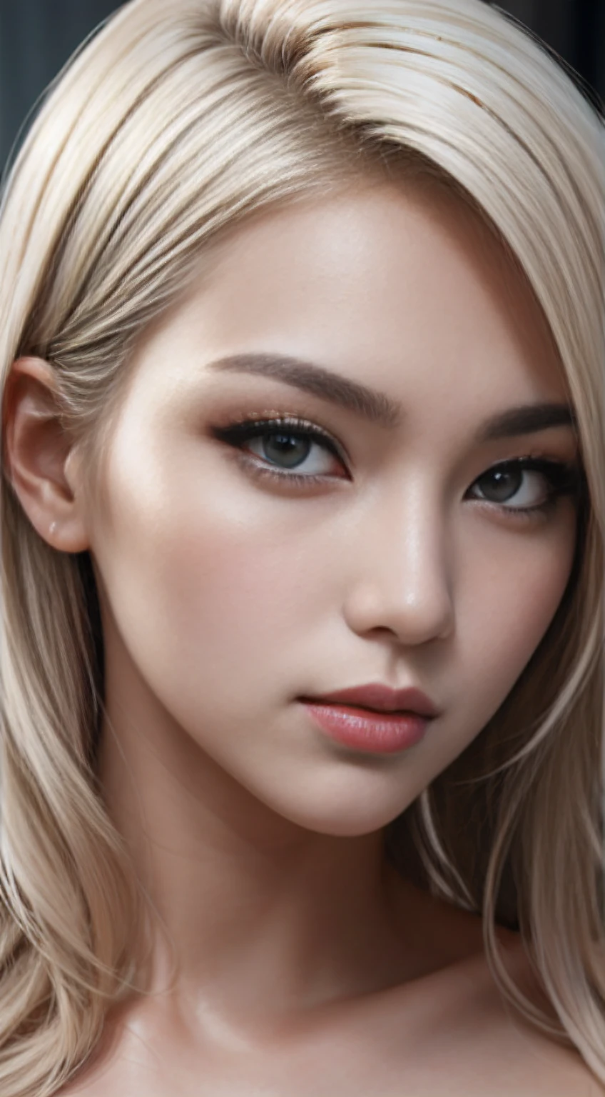 (front-facing close-up), (stunningly beautiful Korean-Russian oppai goddess), 28 years old, platinum blonde hair, (lean body), ultra-detailed face, intense wicked stare, naughty facial expression, smirk, reflector light, 4K, HDR, masterpiece