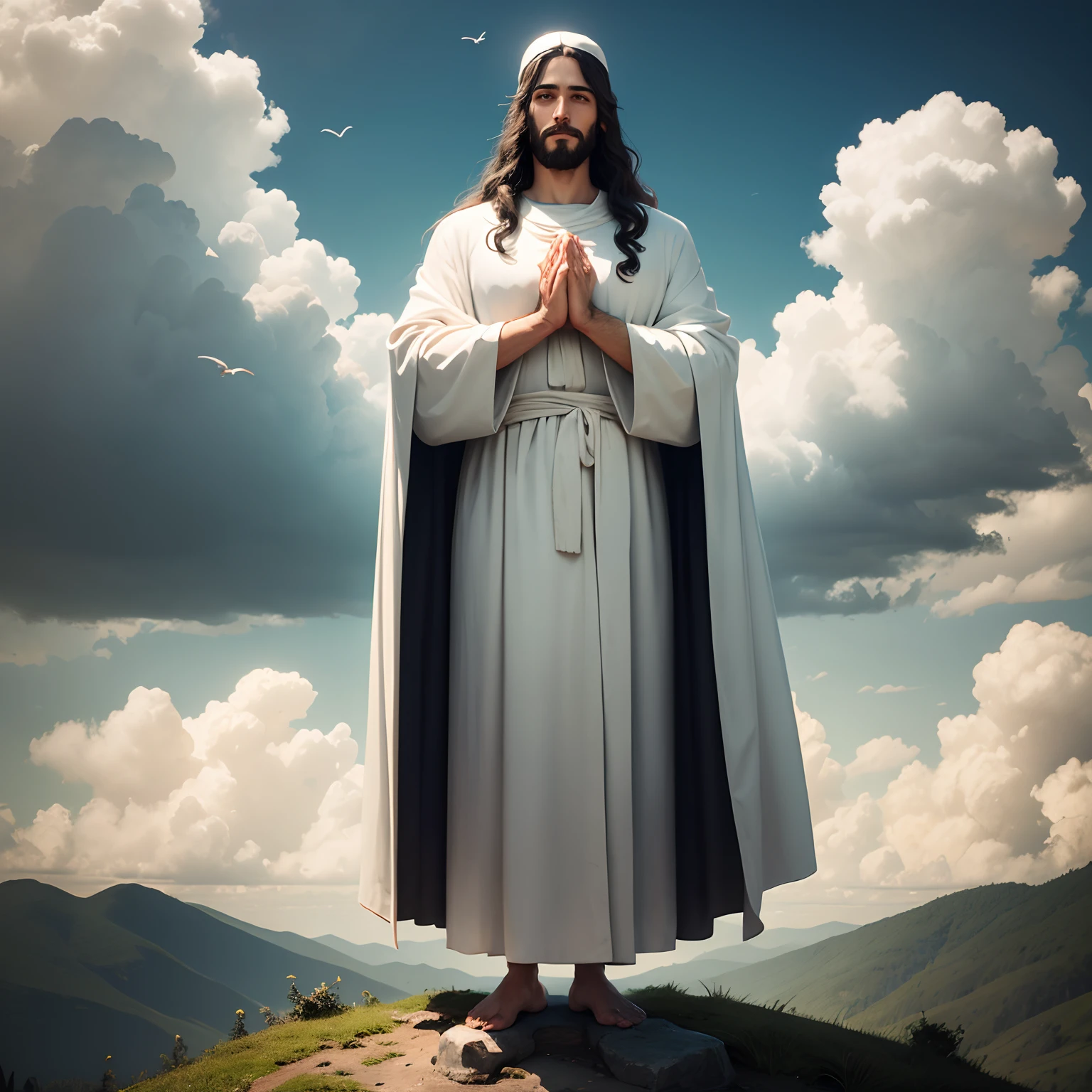 Jesus Christ is standing on a hill, Olhando para o horizonte. He's wearing a white robe and a blue robe.., and her hair is long and dark. Ele tem uma barba e um bigode, and his eyes are blue. he's smiling, and its expression is one of love and compassion, He is standing praying with his hands together,
the sun is shining, and the clouds are white and fluffy. The air is filled with the sound of birds singing. The landscape is beautiful, com montanhas, rios e florestas.
Jesus is an imposing and majestic figure. He is the son of God, And He came to earth to save humans from their sins. He is a divine being, and he is worthy of our worship.