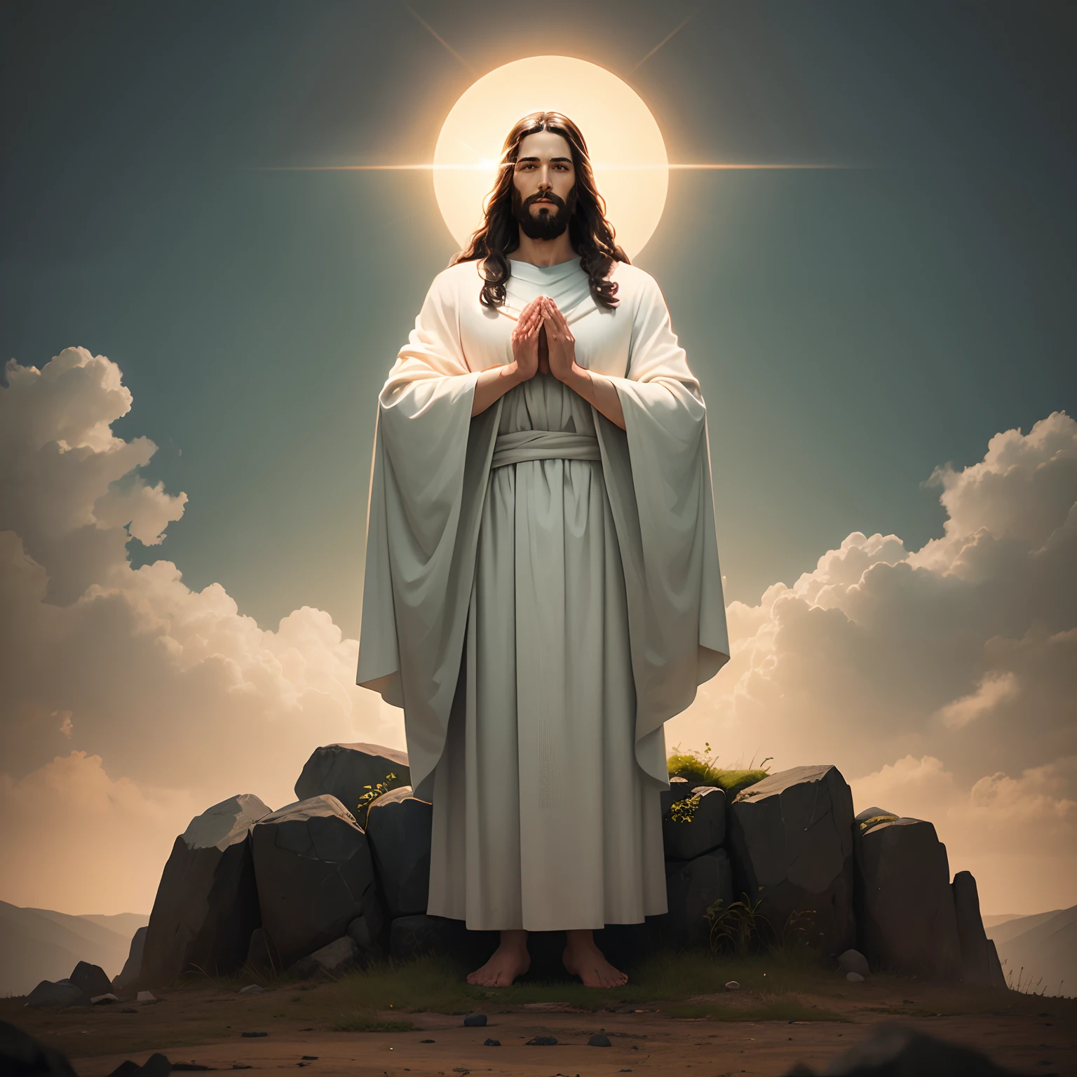 Jesus Christ is standing on a hill, Olhando para o horizonte. He's wearing a white robe and a blue robe.., and her hair is long and dark. Ele tem uma barba e um bigode, and his eyes are blue. he's smiling, and its expression is one of love and compassion, He is standing praying with his hands together,
the sun is shining, and the clouds are white and fluffy. The air is filled with the sound of birds singing. The landscape is beautiful, com montanhas, rios e florestas.
Jesus is an imposing and majestic figure. He is the son of God, And He came to earth to save humans from their sins. He is a divine being, and he is worthy of our worship.