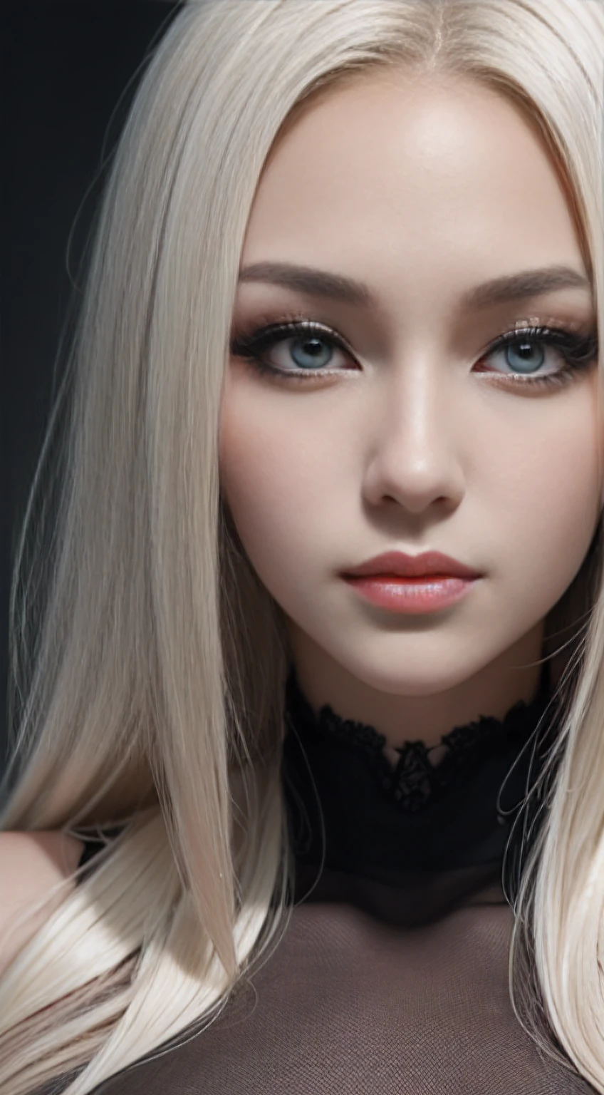 (front-facing close-up), (stunningly beautiful Korean-Russian oppai goddess), 28 years old, platinum blonde hair, (lean body), ultra-detailed face, intense wicked stare, naughty facial expression, smirk, reflector light, 4K, HDR, masterpiece