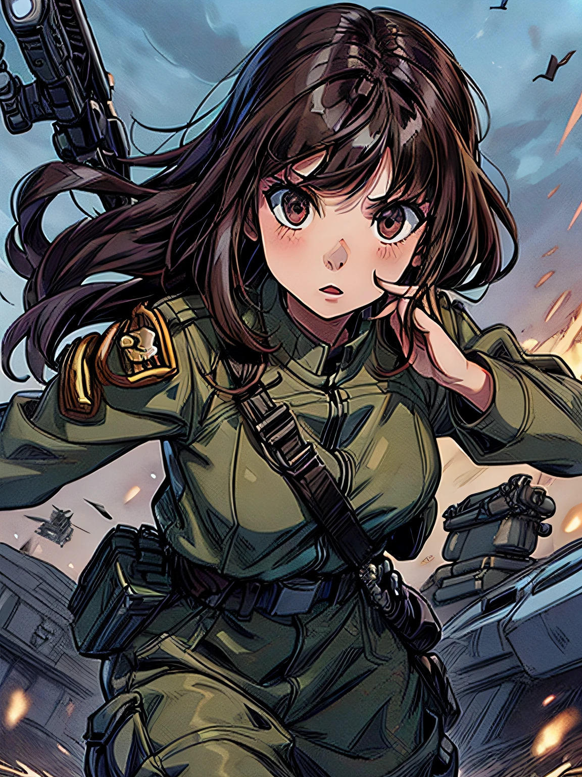 1girl in,brunette color hair,Akame,Imperial Army Soldier,Army Officer Uniform,Battlefield Background、actionpose、