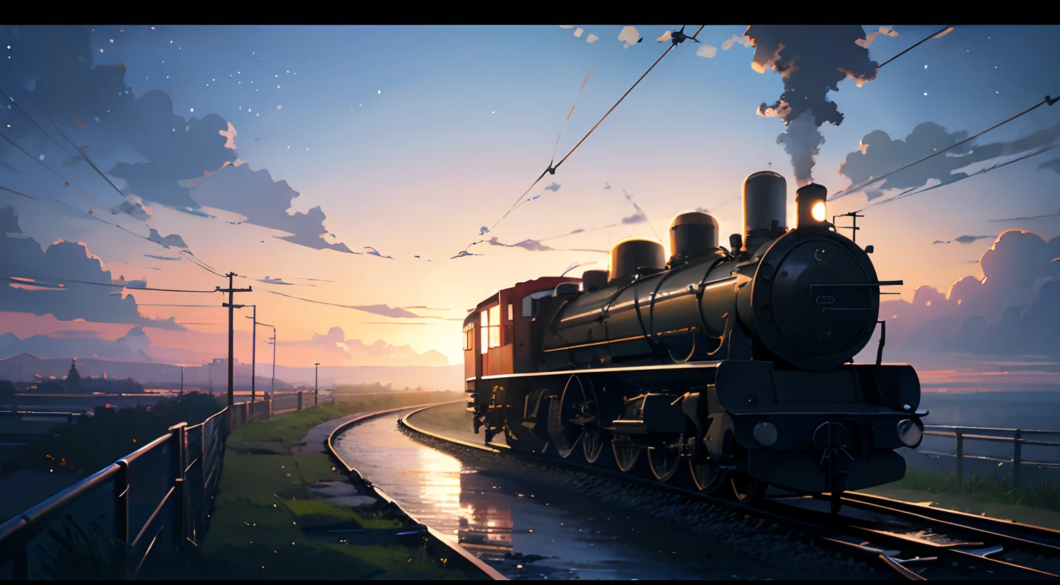 High quality masterpiece ,scenecy,Anime train passing through bodies of water on tracks, Glittering starry sky。Romantic train,Pisif,concept-art,Lofi art style,Reflectors。 By Makoto Shinkai, Lofi art, beautiful anime scenes, Anime landscapes, Detailed scenery —width 672, in the style of makoto shinkai, Makoto Shinkai's style,Detail enhancement