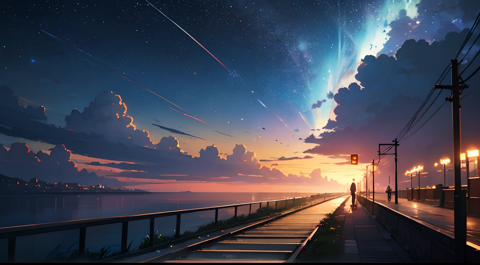 High quality masterpiece ,scenecy,Anime train passing through bodies of water on tracks, Glittering starry sky。Romantic train,Pisif,concept-art,Lofi art style,Reflectors。 By Makoto Shinkai, Lofi art, beautiful anime scenes, Anime landscapes, Detailed scenery —width 672, in the style of makoto shinkai, Makoto Shinkai's style,Detail enhancement