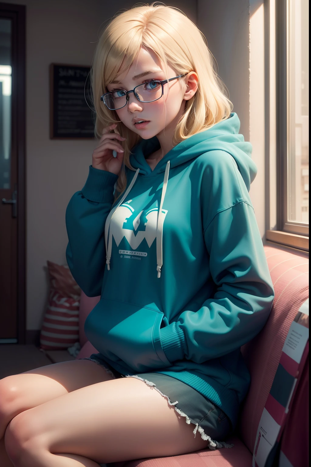 /imagine prompt: a girl is sitting on a sofa, a girl with glasses, a blonde girl, a girl age 25, a girl is wearing a hoodie, a girl is talking to a psychotherapist, an office with furniture, super realism:: hyperrealism::1 backlight::1 babyblueсolor::1 cyan::1 mintcolor::1 indigo::1 --v 4