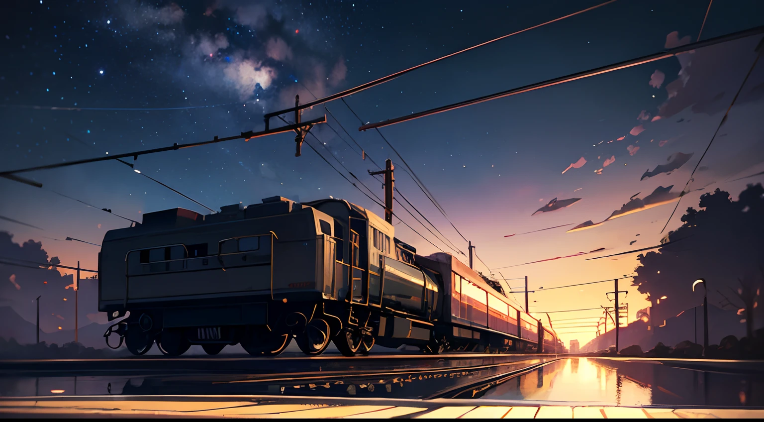 High quality masterpiece ，scenecy，Anime train passing through bodies of water on tracks， Glittering starry sky。Romantic train，Pisif，concept-art，Lofi art style，Reflectors。 By Makoto Shinkai, Lofi art, beautiful anime scenes, Anime landscapes, Detailed scenery —width 672, in the style of makoto shinkai, Makoto Shinkai's style，Detail enhancement