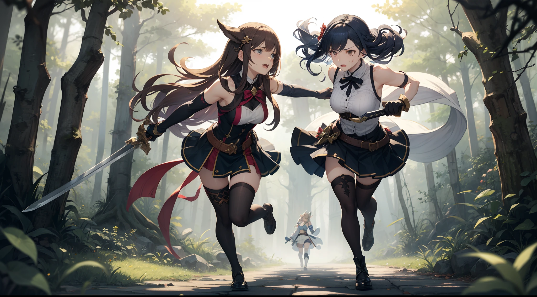 Full body shot from head to feet, duel between two adult female characters from Granblue Fantasy. Female 1 attacking Female 2 with sword, with serious expression. Female 2 defending with sword, wounded and killed, in pain expression. Both characters have long hairstyle. Both characters wear sleeveless dress, long gloves, short skirt, complemented by black thigh highs stockings. The background set in a deep forest, with simple effect.