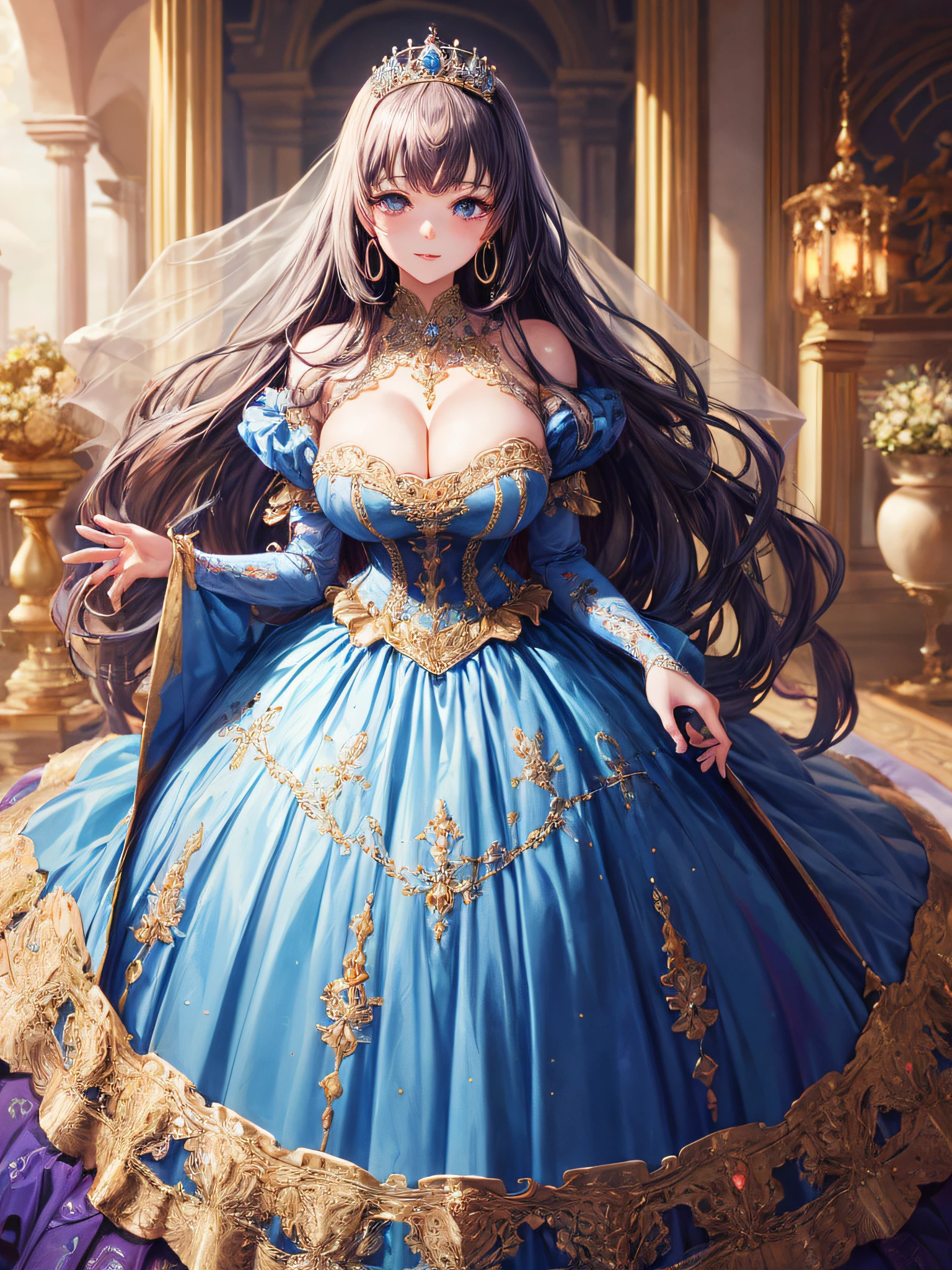 (masterpiece, best quality,extremely detailed,moe anime art style:1.2),1girl, (solo), cute, kawaii,digital art,((1 bling-bling anime princess wearing beautiful embroidery and jeweled gorgeous princess ballgown with voluminous full length hoop skirt)),((crinoline)),long train,voluminous frills,(gorgeous embroidery and beautiful lace),(very gigantic boobs,cleavage,skindentation),((shiny hair,absurdly voluminous straight hair,absurdly Long Hair)),((finely detailed face and eyes)),clear pupil,(bling-bling gorgeousfull jeweled big tiara),((bling-bling gorgeous gemstone jewelry)),long veil,((in beautiful luxury palace)),flowers,flower petals flowing,((looking away)),((beautiful embroidery and jeweled gorgeous princess ballgown with voluminous full length hoop skirt))