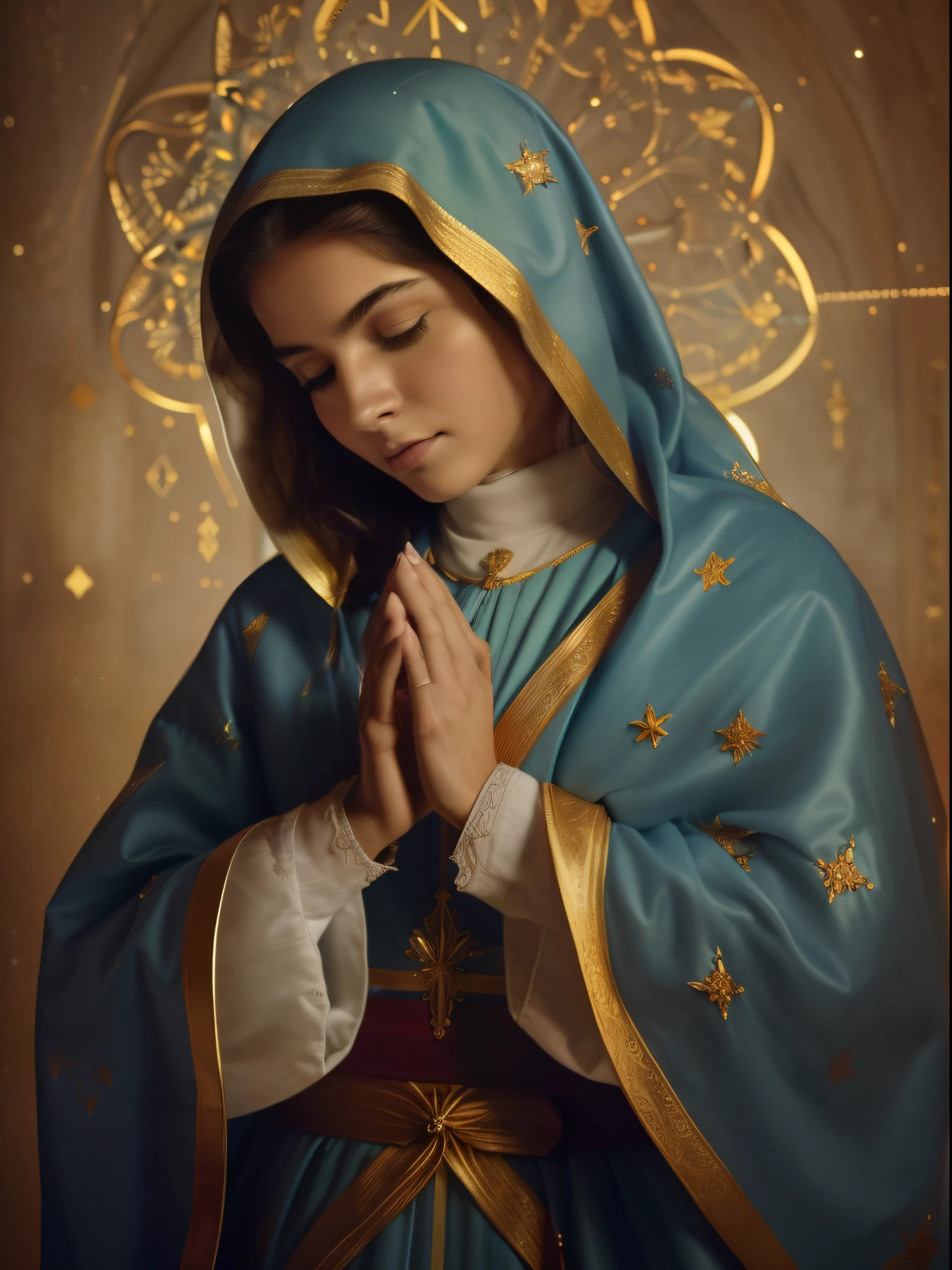 ((Blessed Virgin Mary. 19 years old))) ((( Con una cara seria y piadosa. Con una mirada dulce y tierna))) (obra maestra, calidad superior, mejor calidad, arte oficial, beautiful and aesthetic: 1.2), (1girl), extremadamente detallado, (Arte fractal: 1.3), colorido, highest detailed, Cara perfecta, parte superior del cuerpo, HDR, (orando: 1.3), (golden lines of white coat: 1.2), galaxia, (rayas de luz), eye-catching visuals, (dynamic stripes, senderos luminosos: 1.2), colores vibrantes,