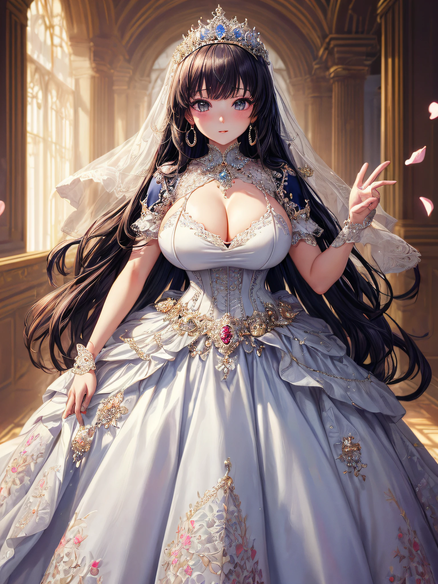 (masterpiece, best quality,extremely detailed,moe anime art style:1.2),1girl, (solo), cute, kawaii,digital art,((1 bling-bling anime princess wearing beautiful embroidery and jeweled gorgeous princess ballgown with voluminous full length hoop skirt)),((crinoline)),long train,voluminous frills,(gorgeous embroidery and beautiful lace),(very gigantic boobs,cleavage,skindentation),((shiny hair,absurdly voluminous straight hair,absurdly Long Hair)),((finely detailed face and eyes)),clear pupil,(bling-bling gorgeousfull jeweled big tiara),((bling-bling gorgeous gemstone jewelry)),long veil,((in beautiful luxury palace)),flowers,flower petals flowing,((looking away)),((beautiful embroidery and jeweled gorgeous princess ballgown with voluminous full length hoop skirt))