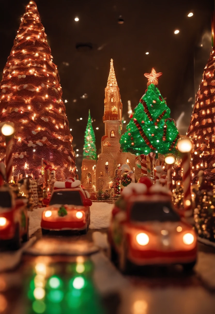 A bustling city of gingerbread skyscrapers, candy cane traffic lights, and chocolate car avenues